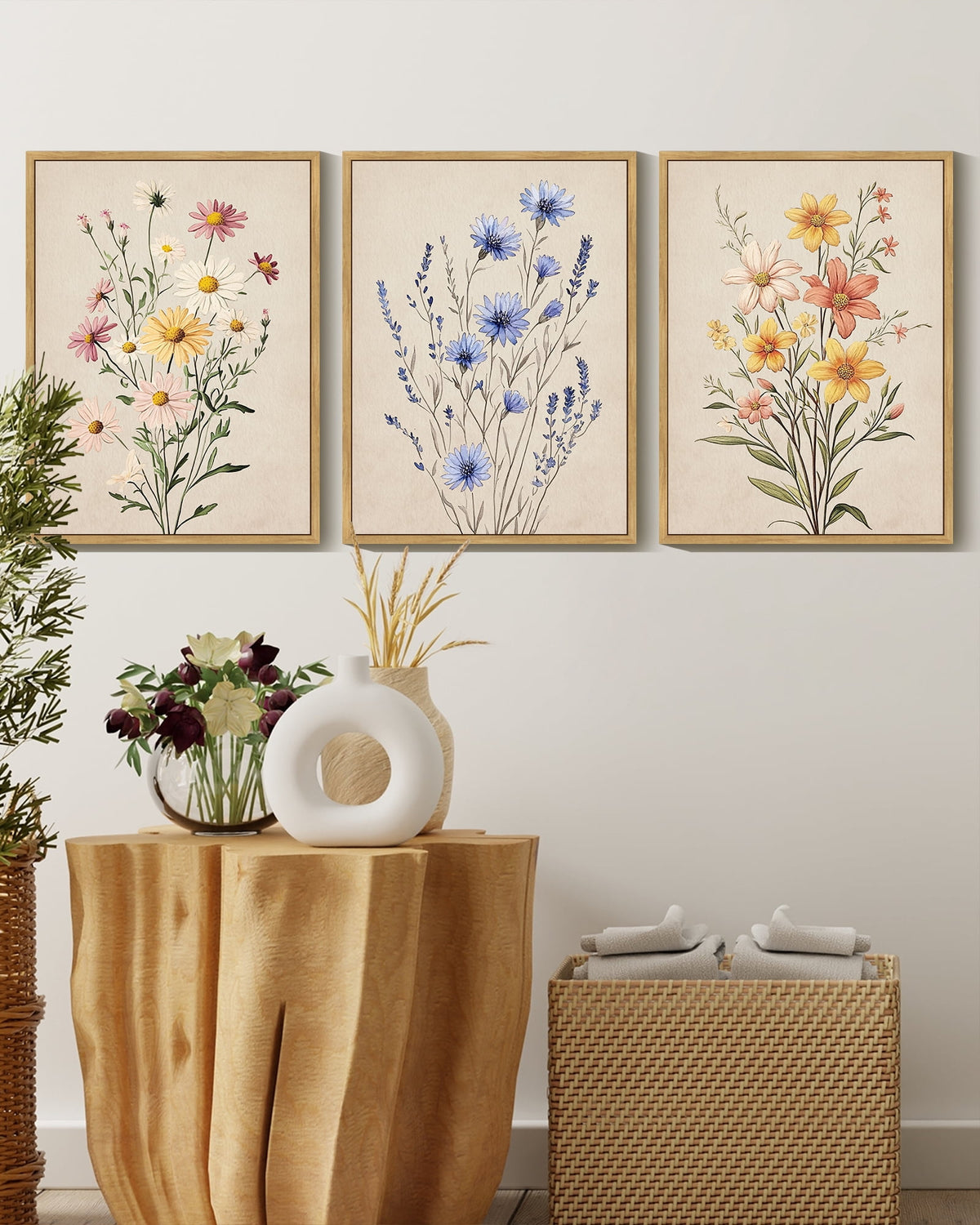 Drsoum Flower Wall Decor Colorful Botanical Pictures Art Bathroom Home Office 11x14in3pcs Natural Framed