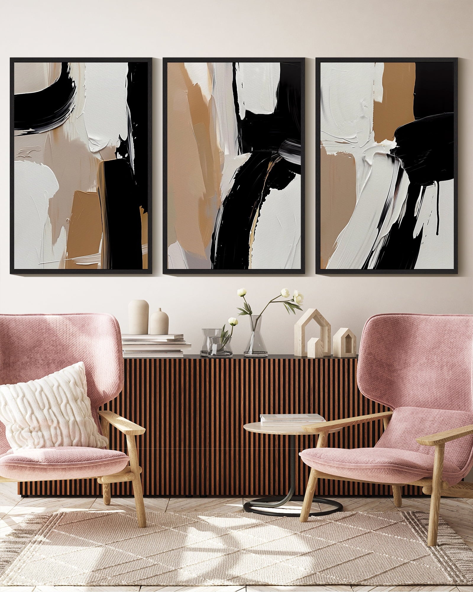 Drsoum Large Brown Abstract Wall Art 16x24in3pcs Black Framed Modern Color blocks Painting Art Graffiti Artwork