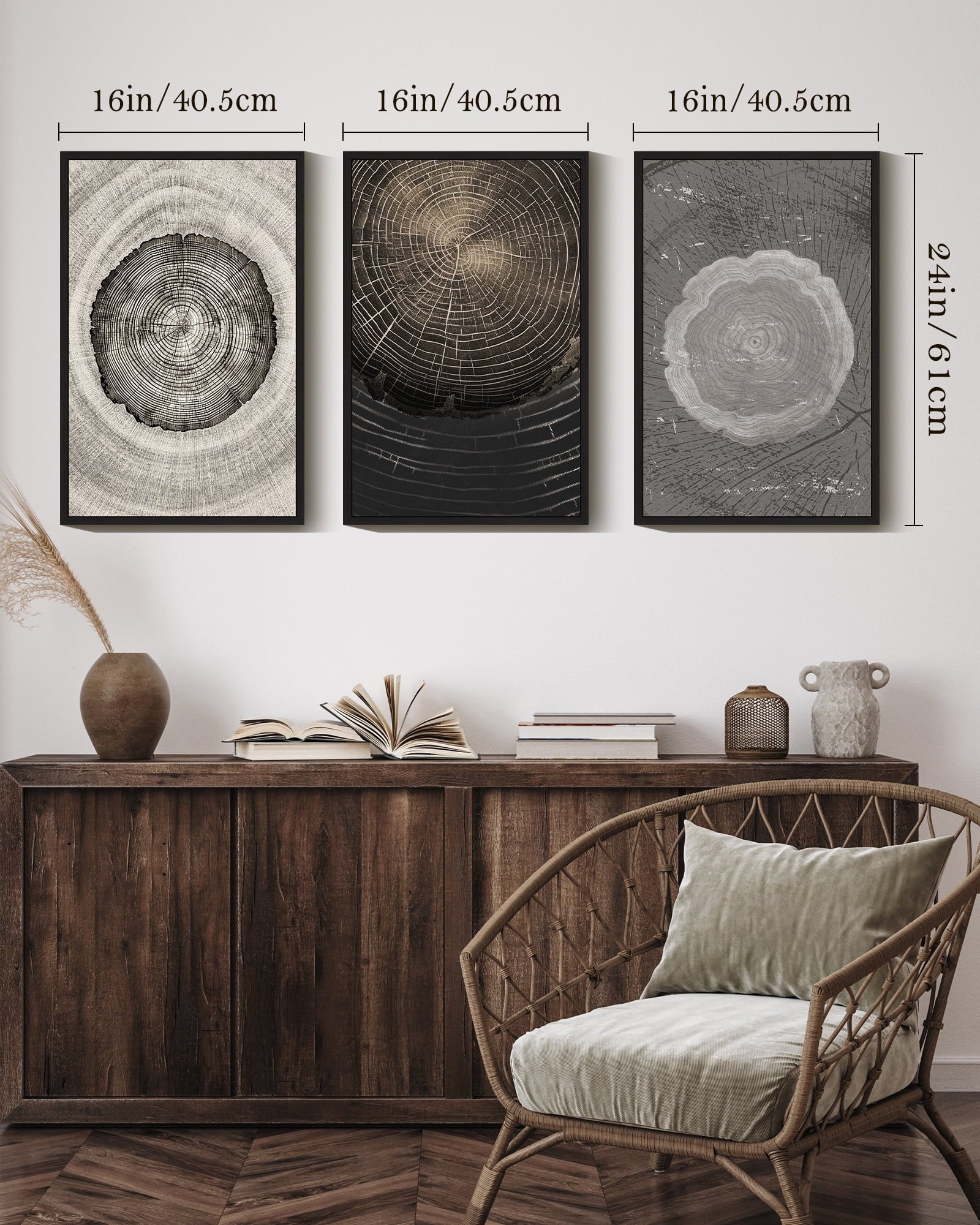 Drsoum Vintage Wood Tree Rings Wall Art Farmhouse Rustic Framed for Office Dining Room Hallway Canvas Paintings Nature Artwork 16x24in Black Framed