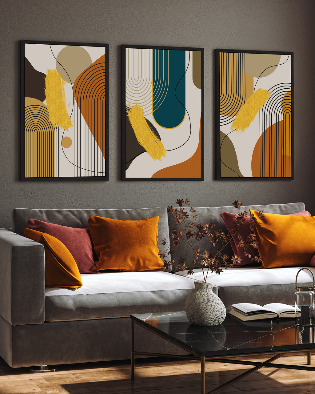 Drsoum Large Boho Abstract Wall Art 24x36in3pcs Black Framed Modern Minimalist Luxury Gold Line Artwork Kitchen Dining Room Decor
