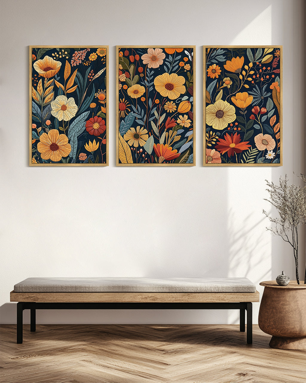 Drsoum Large 24x36in3pcs Natural Framed Flower wall Art Floral Wildflowers Decor for Bedroom living Room