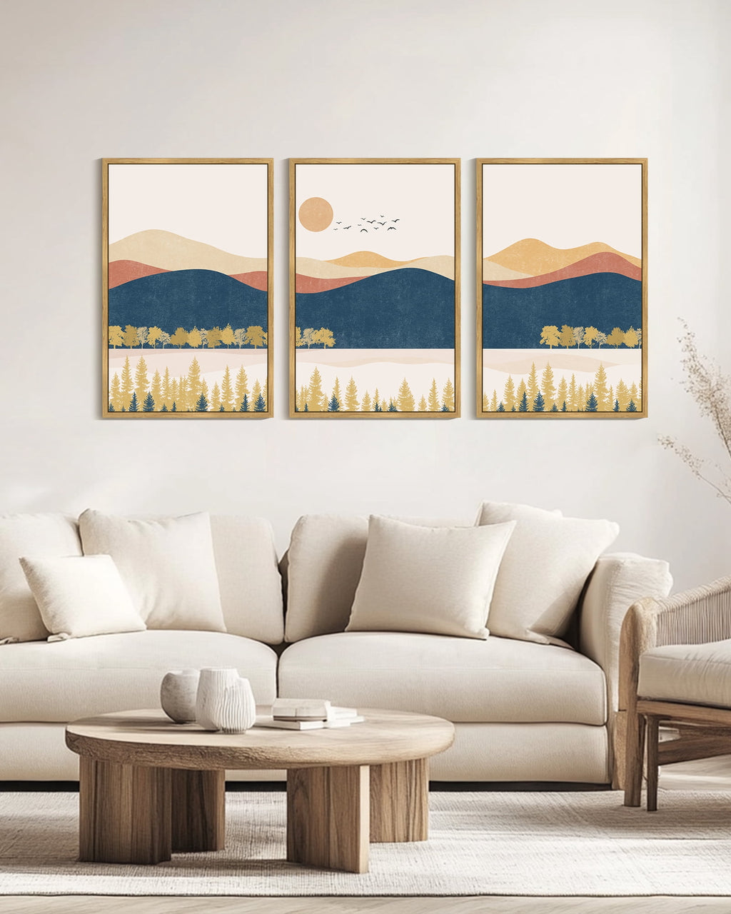Drsoum Large 24x36in3pcs Natural Framed Landscape Mountain Wall Art Set Lake Sunrise Pine Tree Forest Art for Living Room Bedroom