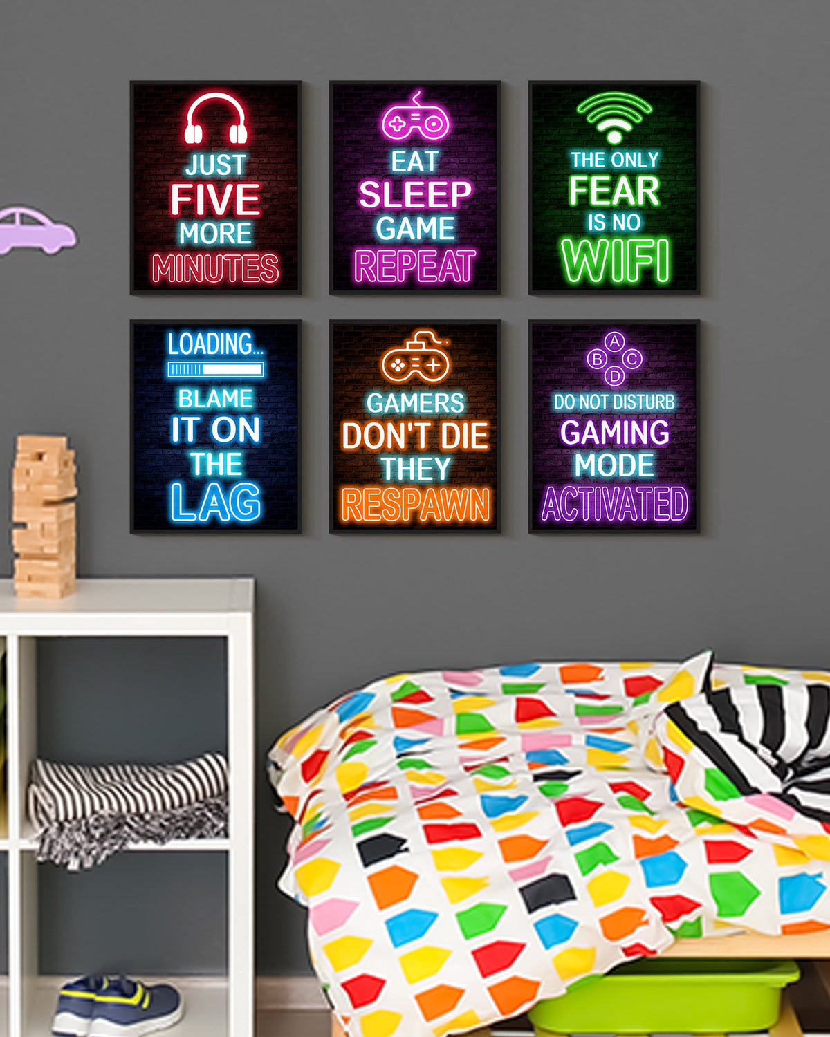 Drsoum Gamer Room Art for Boys Wall Art Neon Gaming Room Decor Game Poster Wall Decor Teenage Boy Room 8x10in6pcs Black Framed
