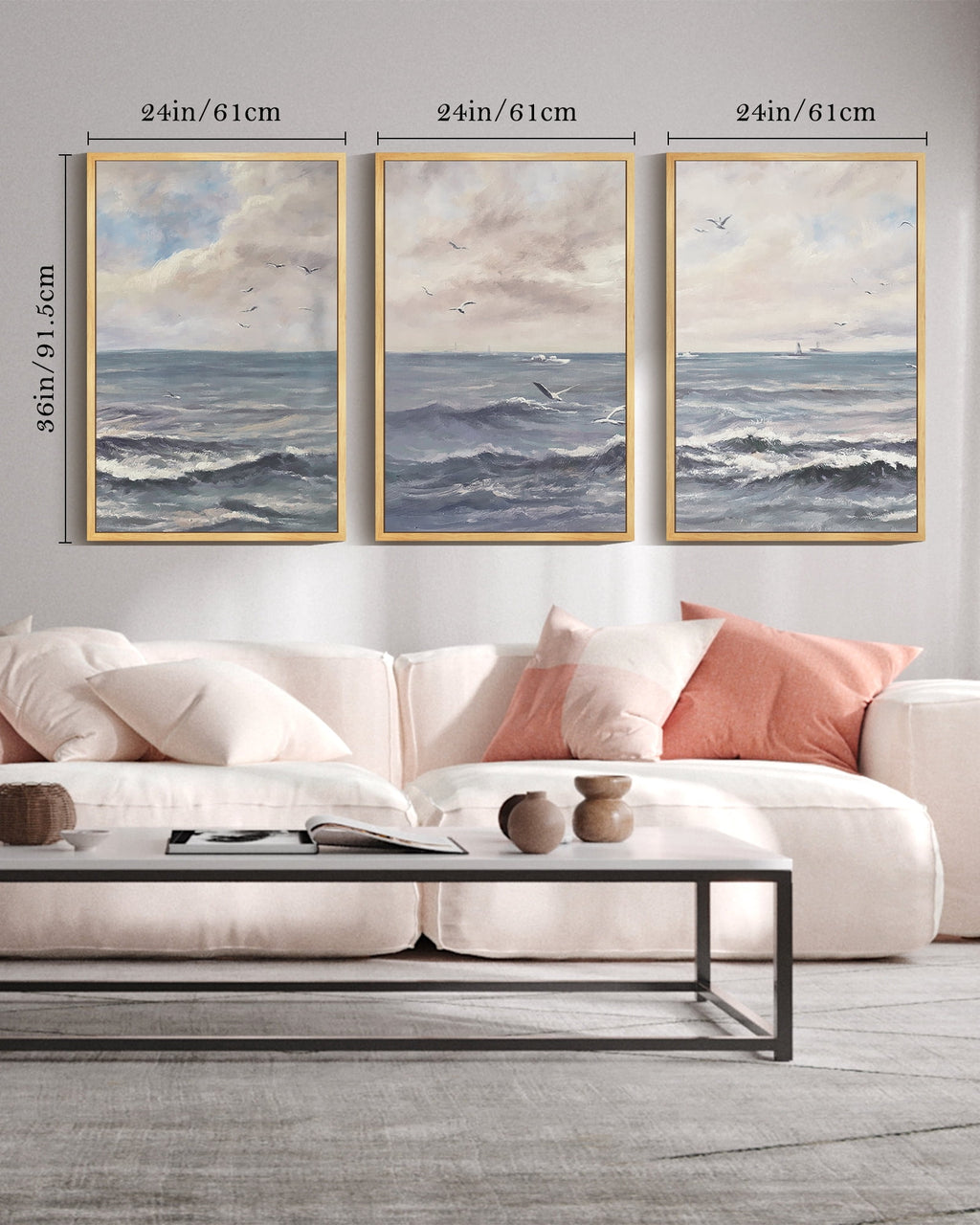 Drsoum Vintage Sea Landscape 24x36in Brown Framed Wall Art Ocean Retro Classic Farmhouse Paints Rustic