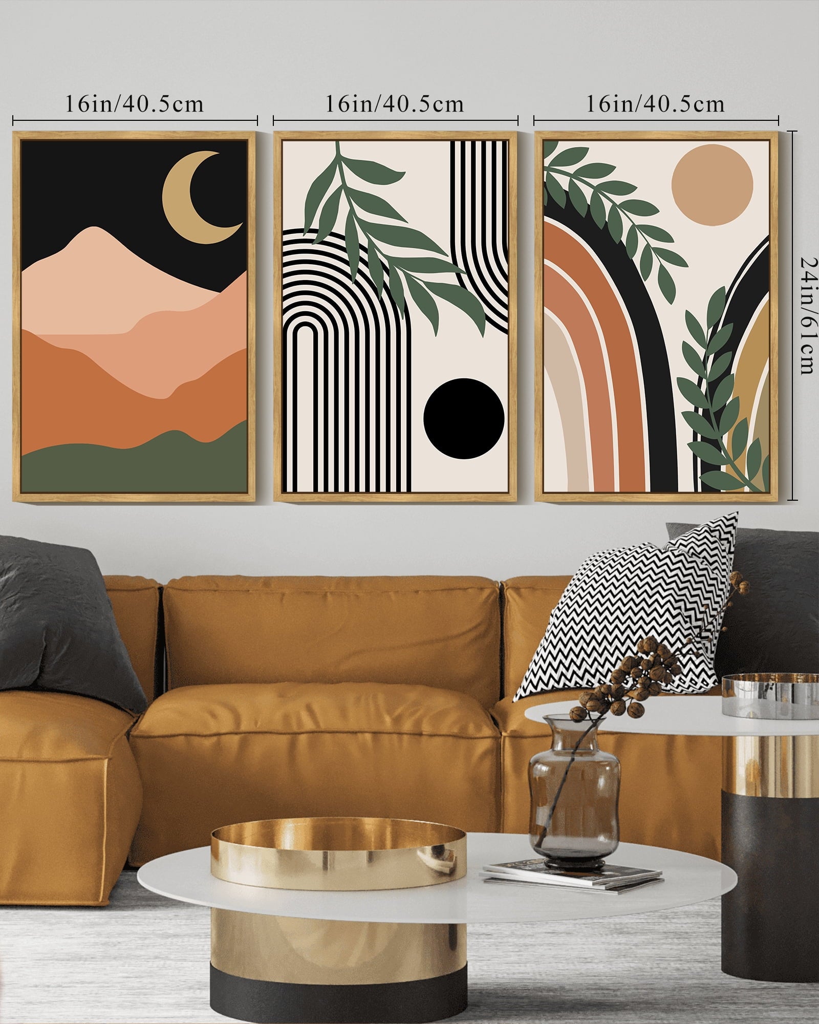 Drsoum Boho Wall Decor 16x24in3pcs Natural Framed Modern Botanical Wall Art Minimalist Bohemian Moon Phases Painting