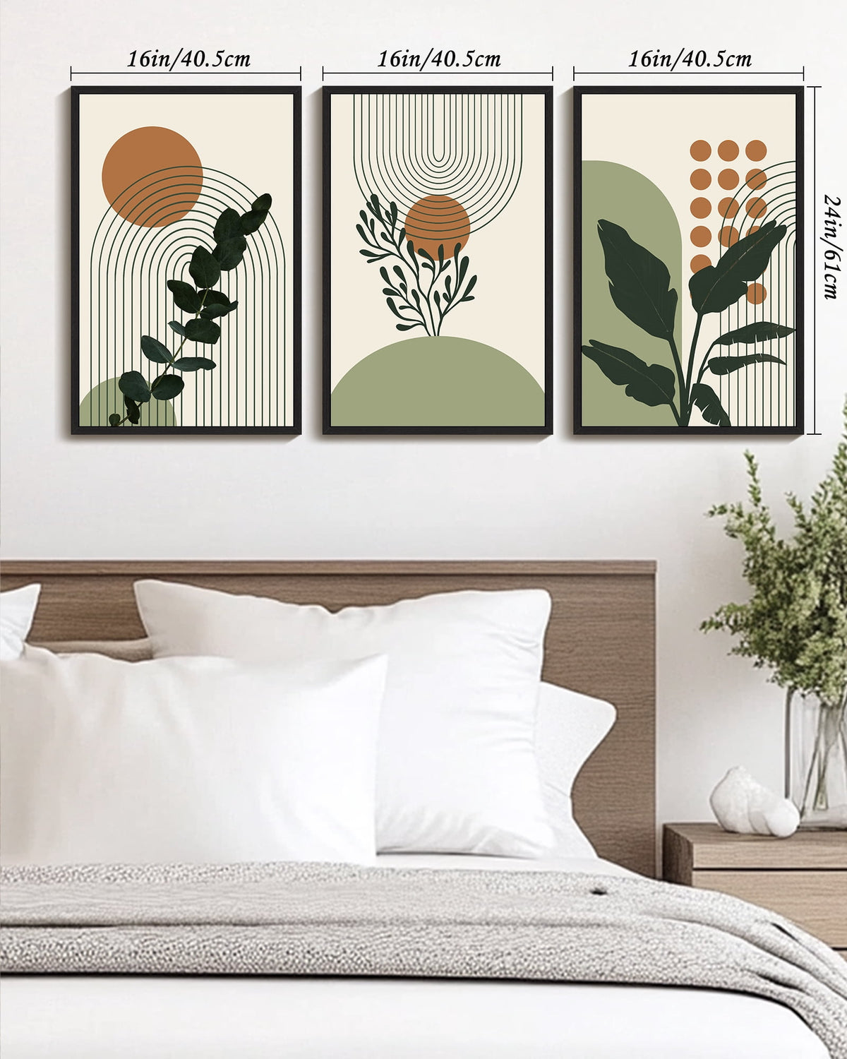 Drsoum 16x24in3pcs Black Framed Boho Plant Wall Decor Green Botanical Bohemain Wall Printing Abstract Prints with Leaf & Sun Lines Art