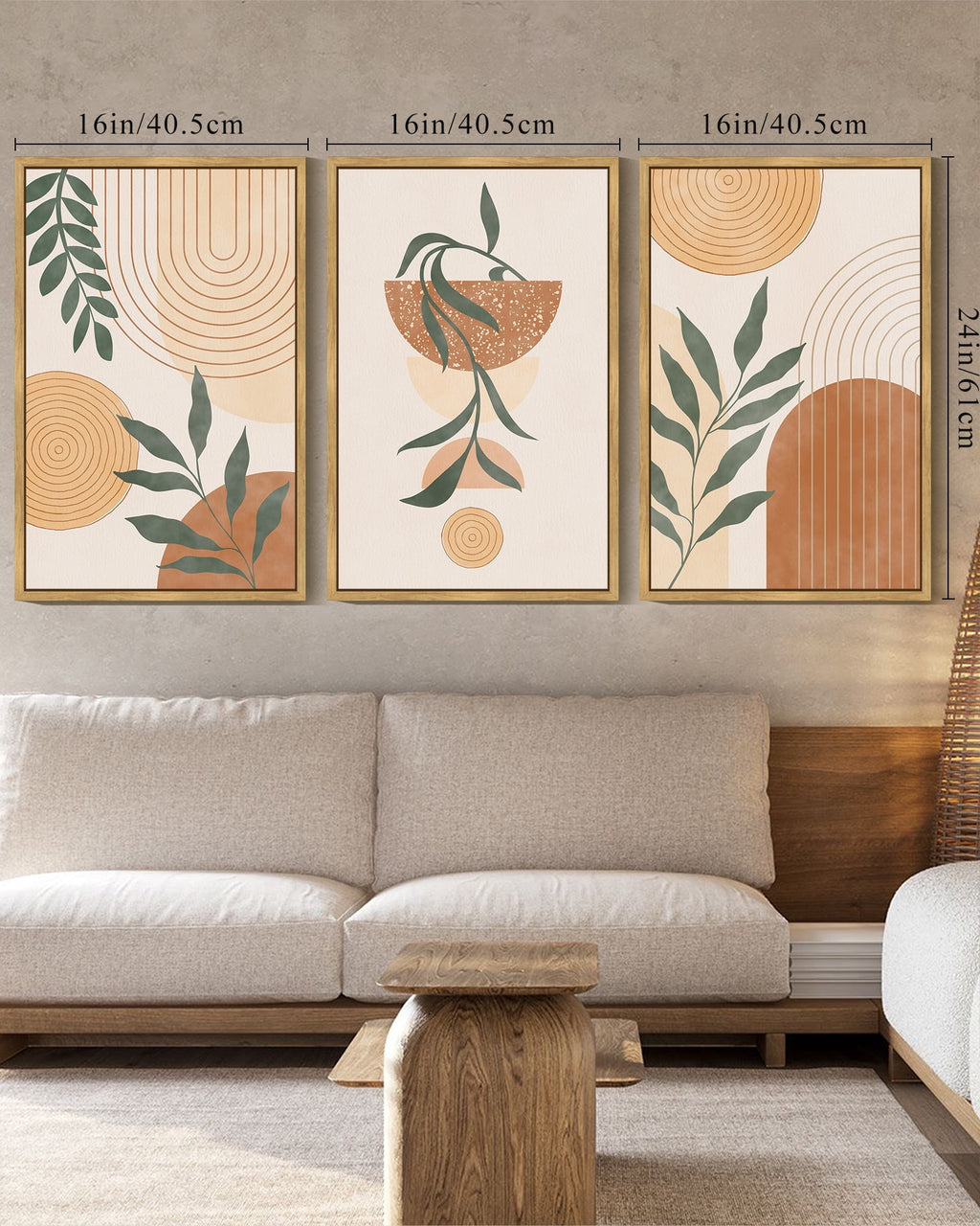 Drsoum Bohemia Wall Art 16x24in3pcs Natural Framed Plant Boho Decor Room Mid Century Modern Abstract Sun Phases Painting