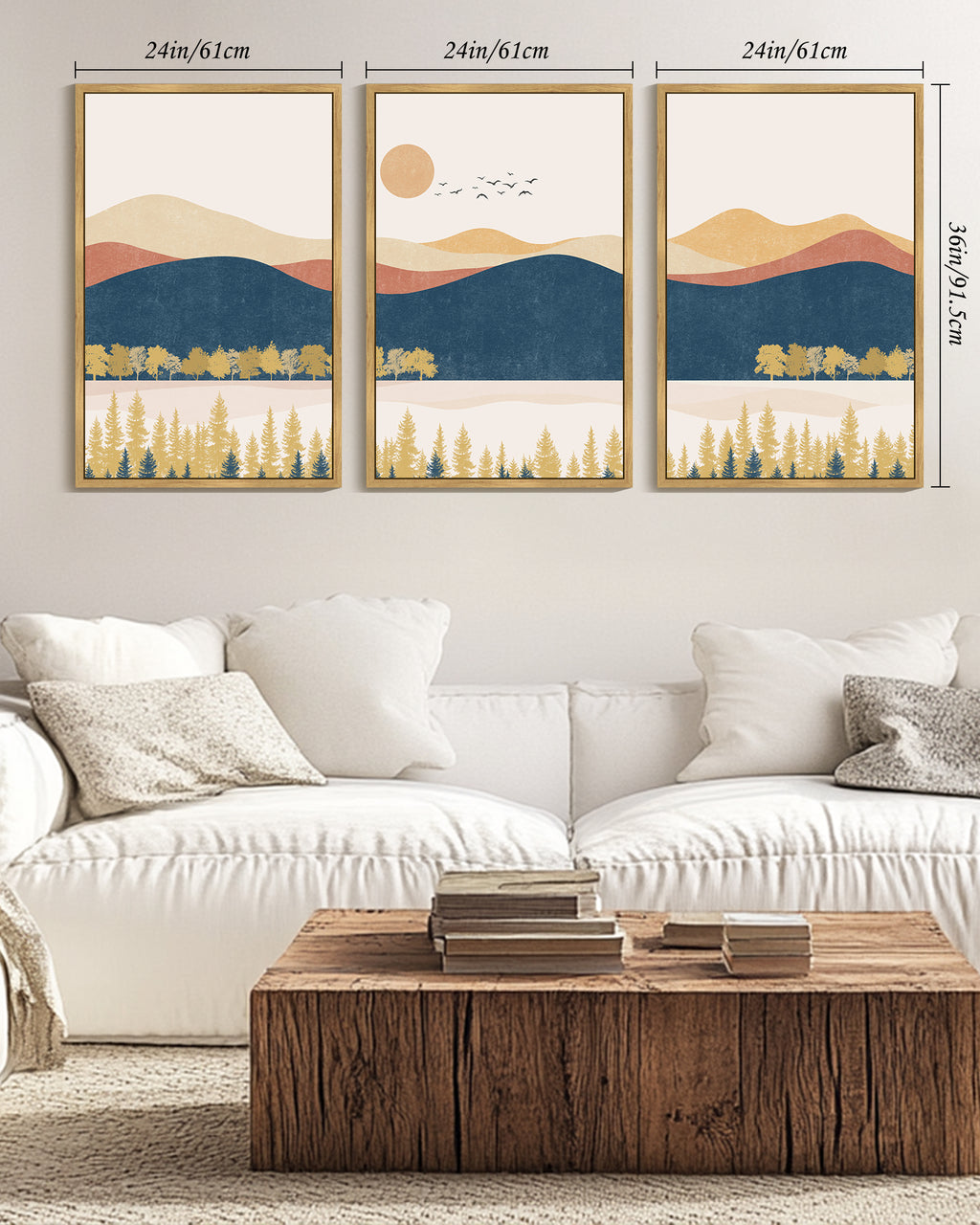 Drsoum Large 24x36in3pcs Natural Framed Landscape Mountain Wall Art Set Lake Sunrise Pine Tree Forest Art for Living Room Bedroom