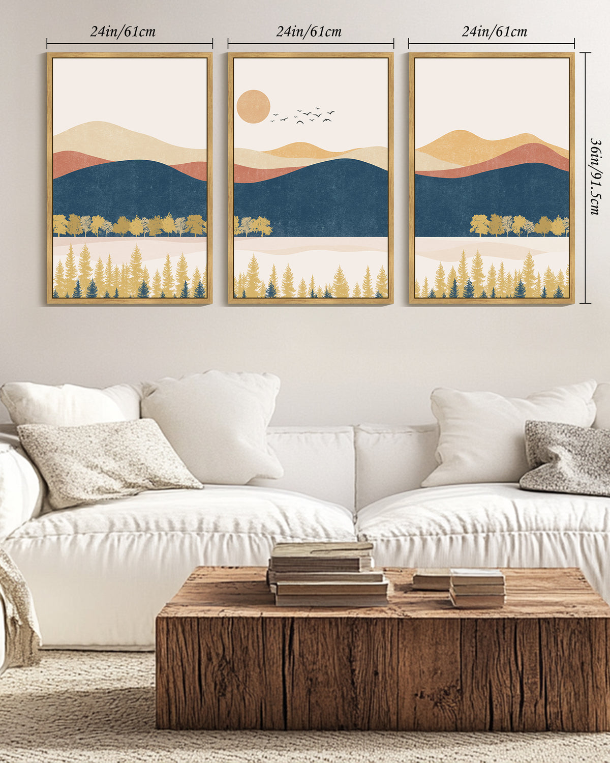 Drsoum Large 24x36in3pcs Natural Framed Landscape Mountain Wall Art Set Lake Sunrise Pine Tree Forest Art for Living Room Bedroom