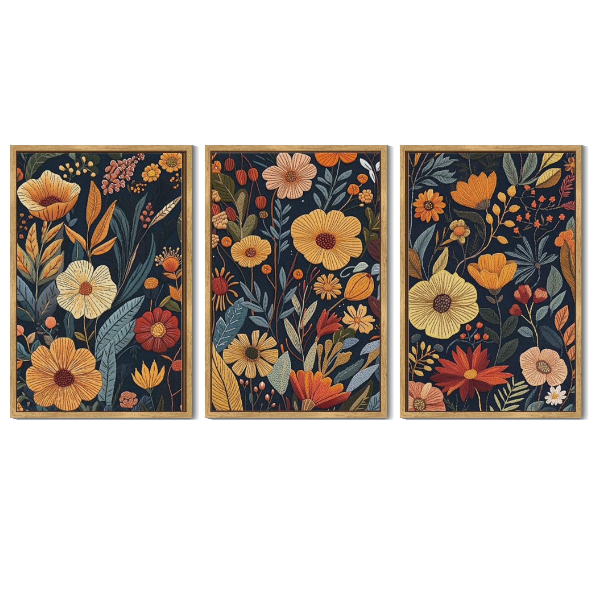 Drsoum Large 24x36in3pcs Natural Framed Flower wall Art Floral Wildflowers Decor for Bedroom living Room