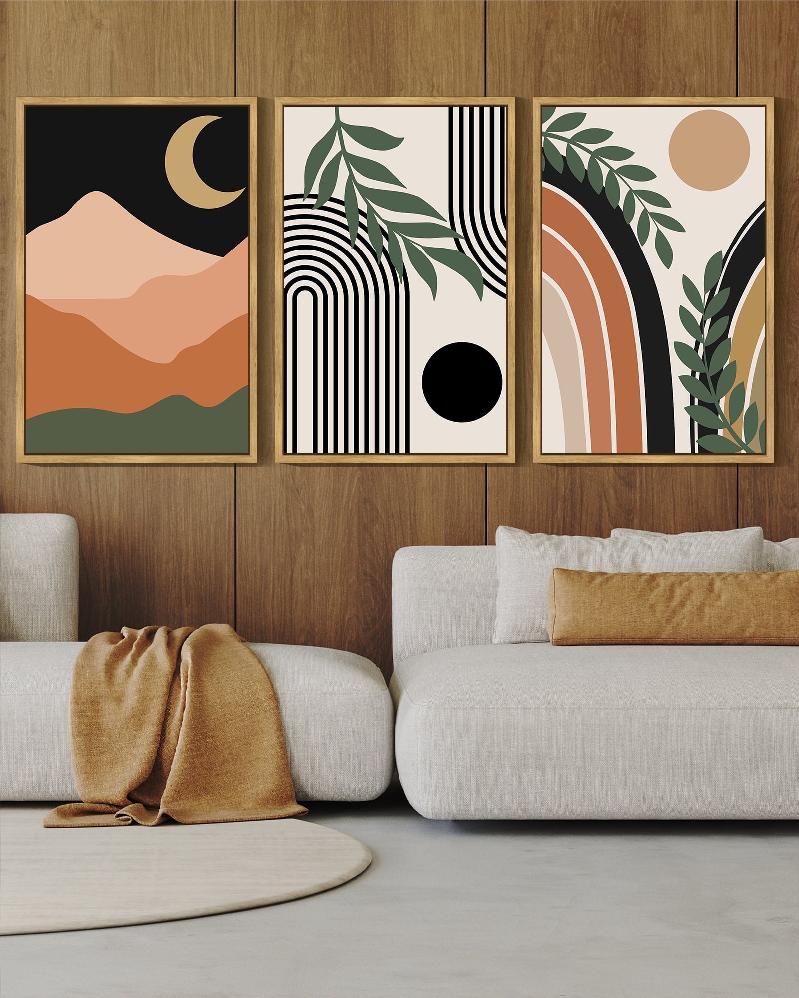 Drsoum Boho Wall Decor 16x24in3pcs Natural Framed Modern Botanical Wall Art Minimalist Bohemian Moon Phases Painting
