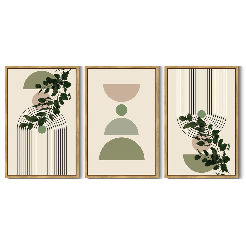 Drsoum Bohemia Decor 16x24in3pcs Natural Framed Modern Prints Abstract with Green Leaf Wall Printing Bedroom Living Room Decor