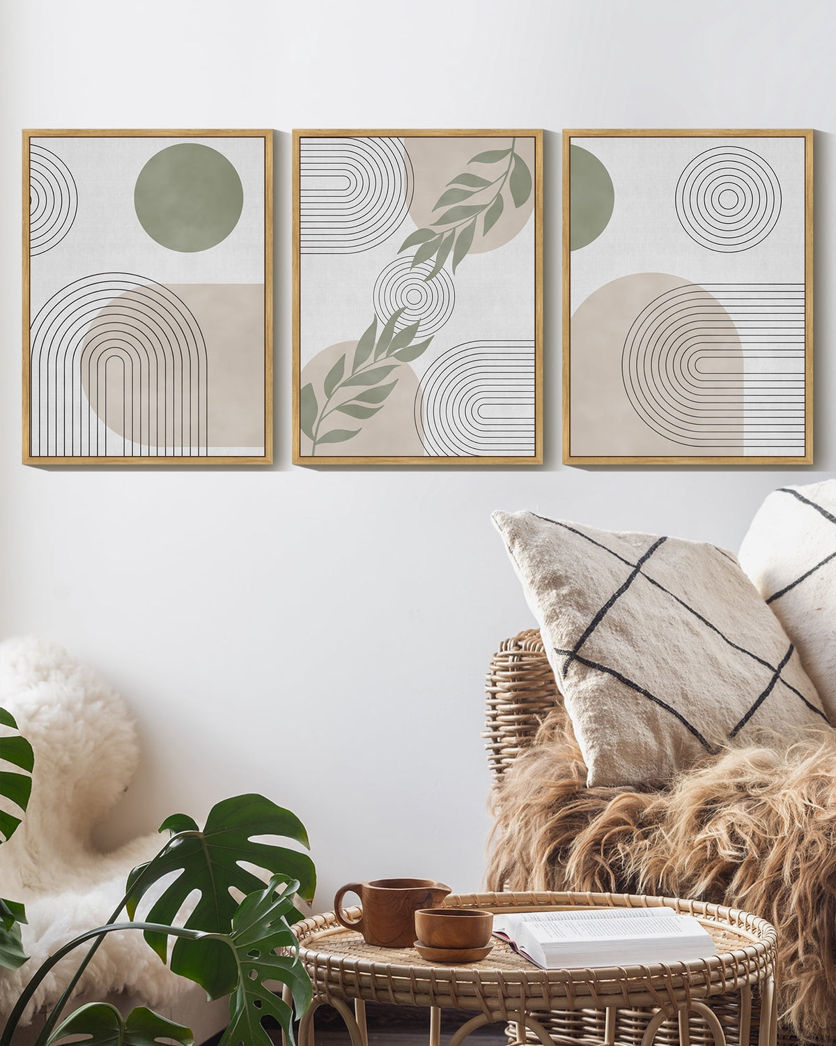 Drsoum Boho Botanical Wall Art Mid Century Modern Abstract Boho Decor Bohemian Line Wall Painting 11x14in3pcs Living Room Natural Framed