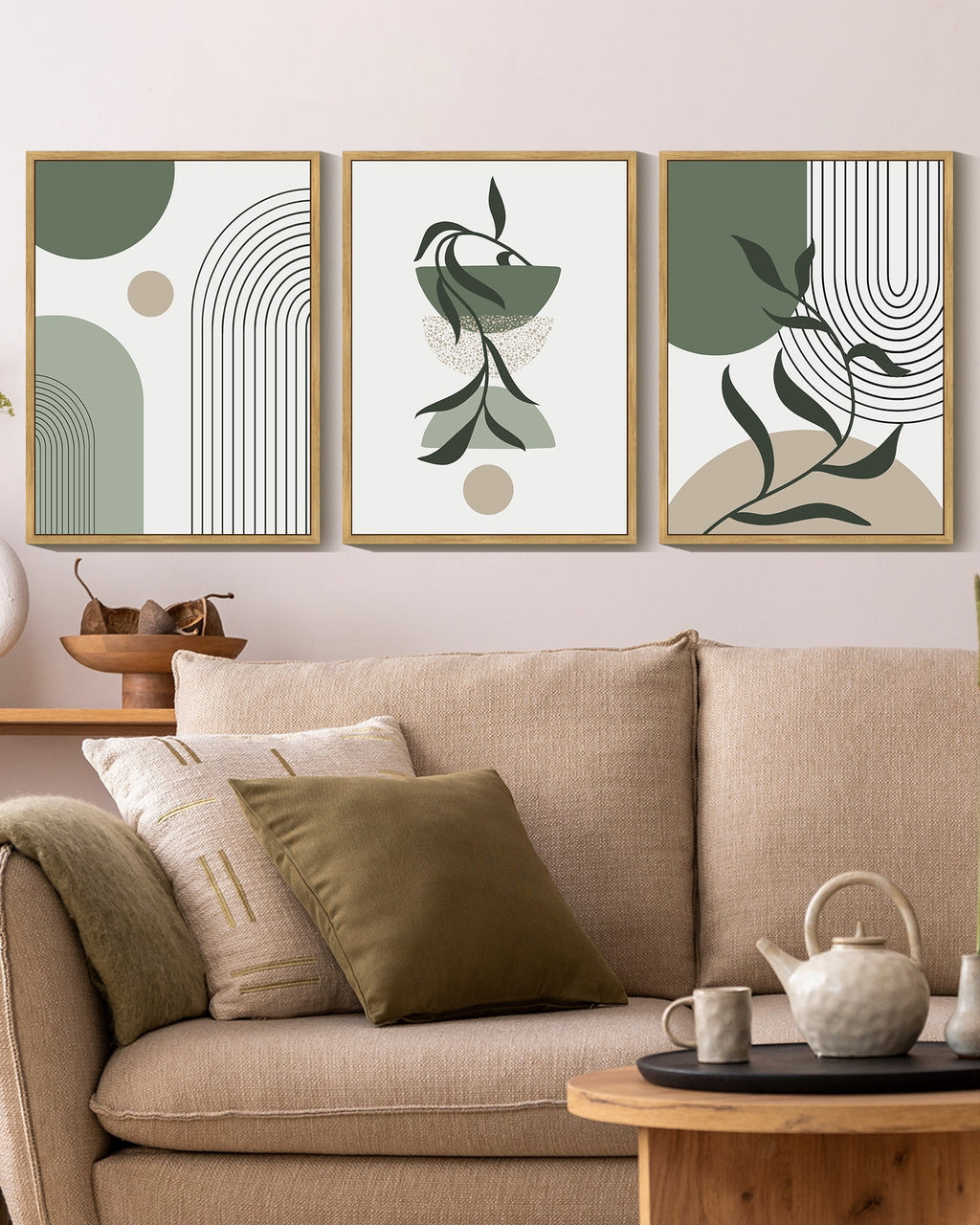 Drsoum Boho Wall Art Green Modern Bohemia Abstract Geometry Prints for Bedroom 11x14in3pcs Natural Framed