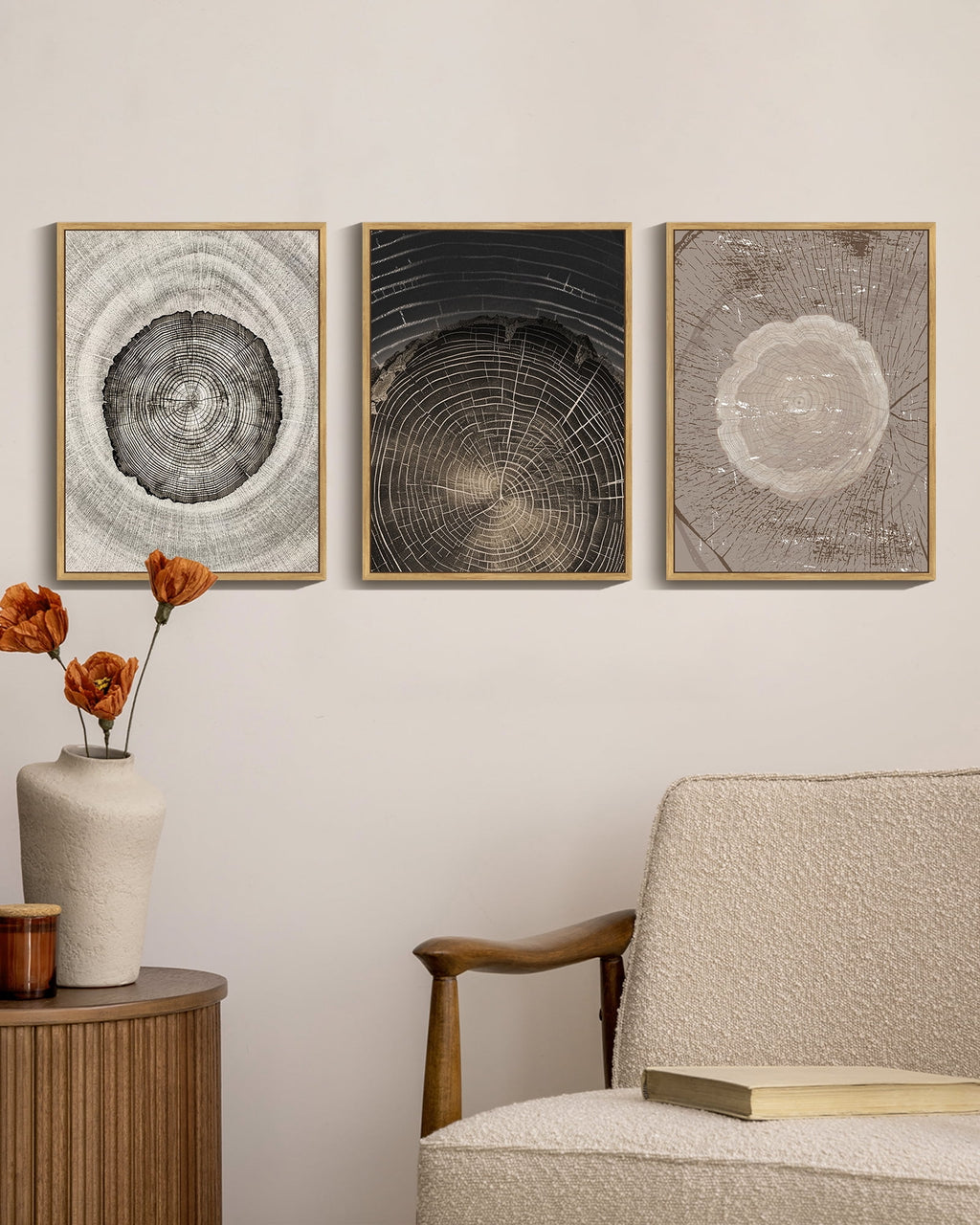 Vintage Wood Tree Rings Wall Art 11x14in Natural Framed Farmhouse Rustic Framed Canvas Paintings Nature Artwork for Office Dining Room Hallway