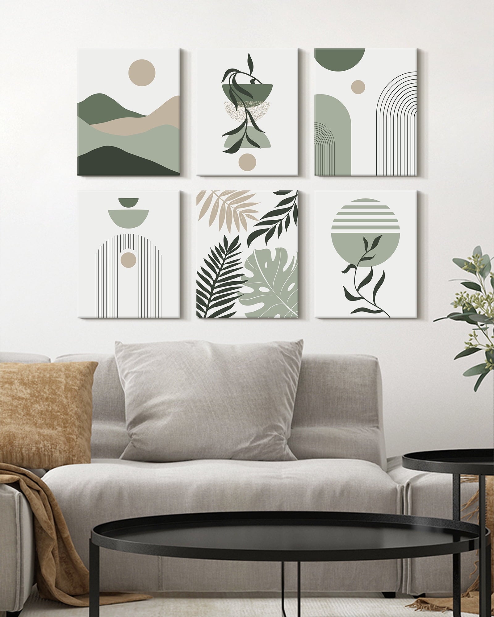 Drsoum Botanical Boho Wall Art Modern Sun Decor Minimalist Green Leaf Wall Painting 8x10in6pcs Natural Framed