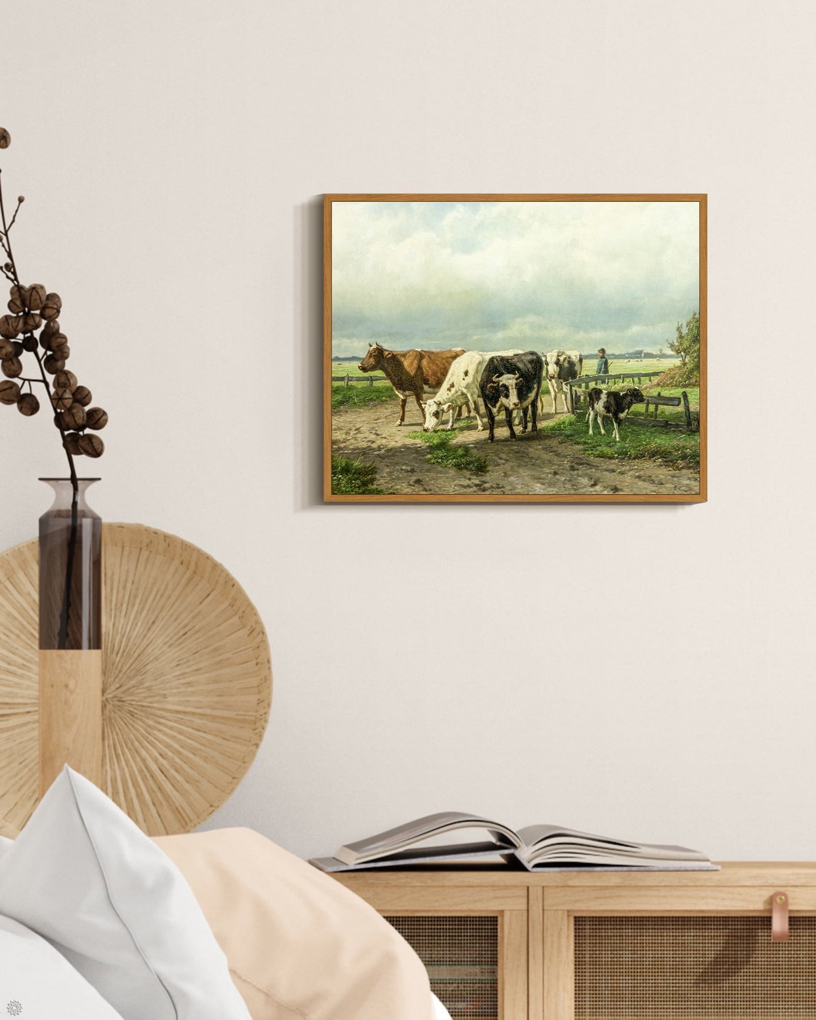 Drsoum Cow Farm Landscape Wall Art Dairy Cattle Classic Wall Prints Modern Farmhouse Kitchen Bathroom Office Decor 8x10in Natural Framed