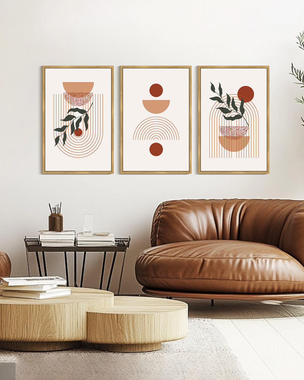 Drsoum Large 24x36in3pcs Natural Framed Boho Wall Decor Leaf Bohemia Decor Modern Abstract Geometry Painting for Kitchen Hallway