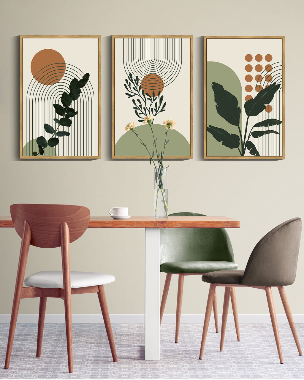 16x24in Natural Framed Boho Plant Wall Art Green Botanical Bohemain Wall Printing Abstract for Office Dining Room Hallway Canvas Prints with Leaf & Sun Lines