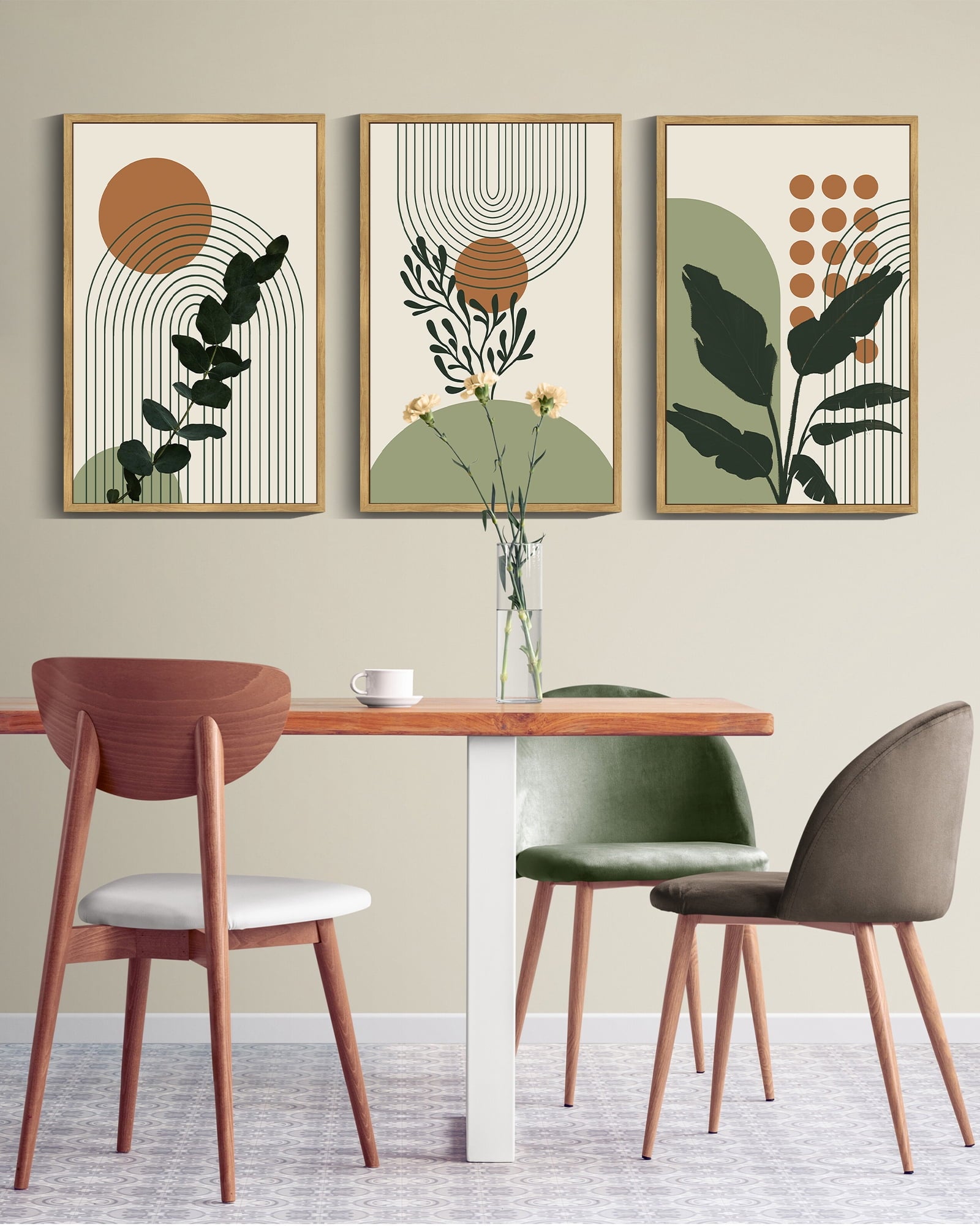 16x24in Natural Framed Boho Plant Wall Art Green Botanical Bohemain Wall Printing Abstract for Office Dining Room Hallway Canvas Prints with Leaf & Sun Lines