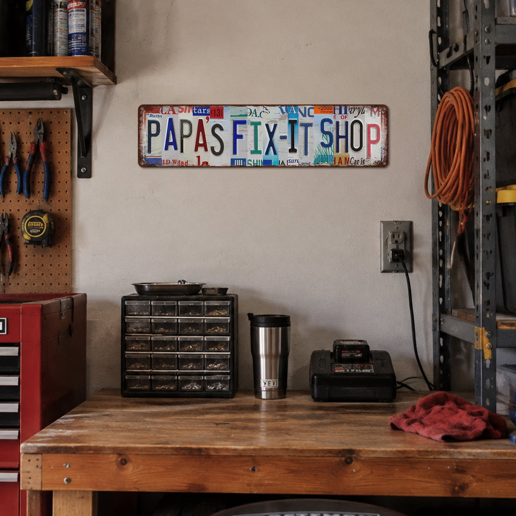 Drsoum Papas Fix It Shop Tin Sign Metal Retro License Plate Wall Decor for Garage