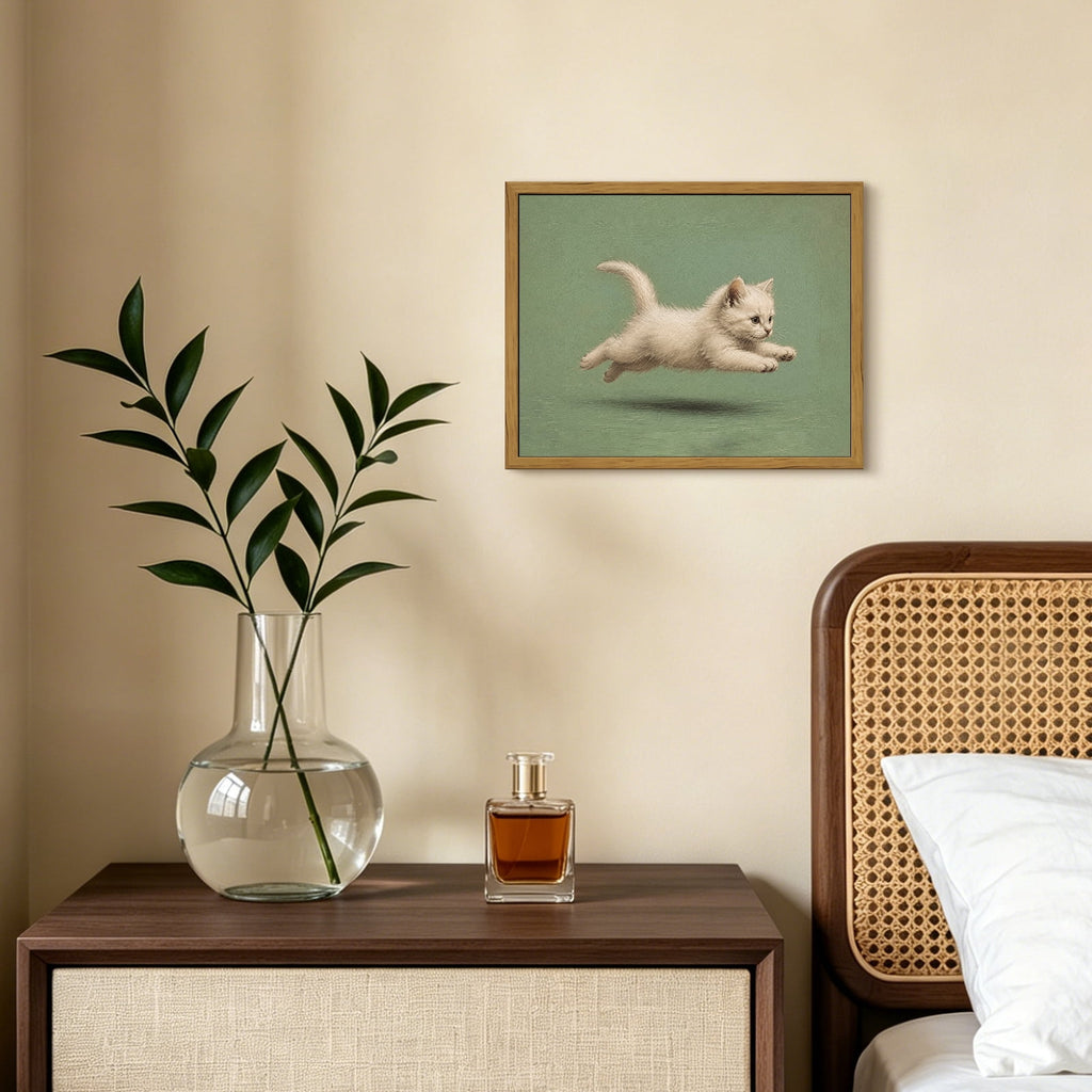 Drsoum Running White Cat Wall Art Framed Canvas Print 8x10 Inch