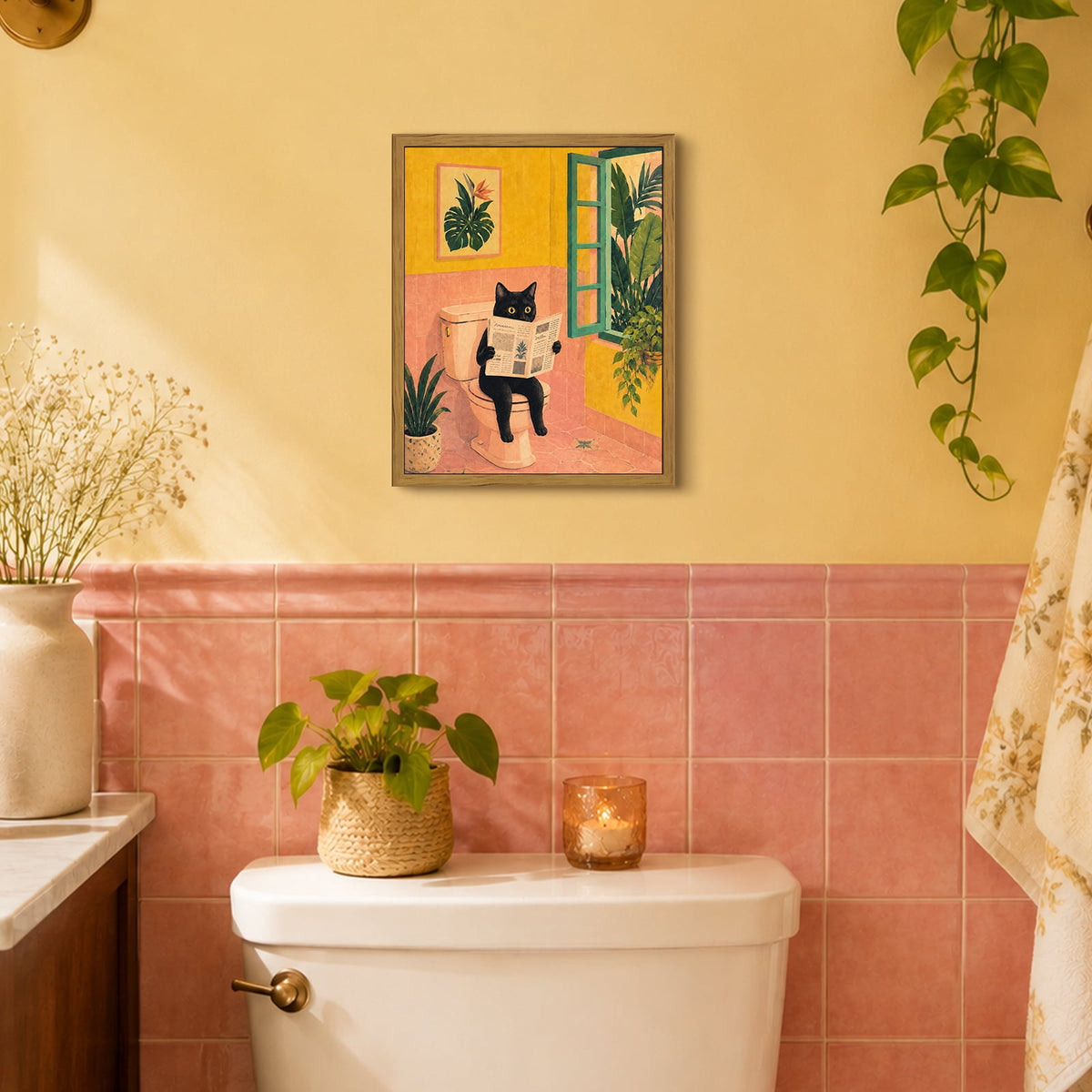 Drsoum Funny Black Cat Wall Art Retro Canvas Print for Bathroom Decor