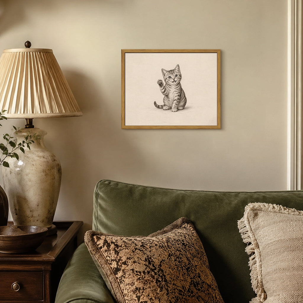 Drsoum Cute Waving Cat Sketch Animal Wall Art Decor 8x10