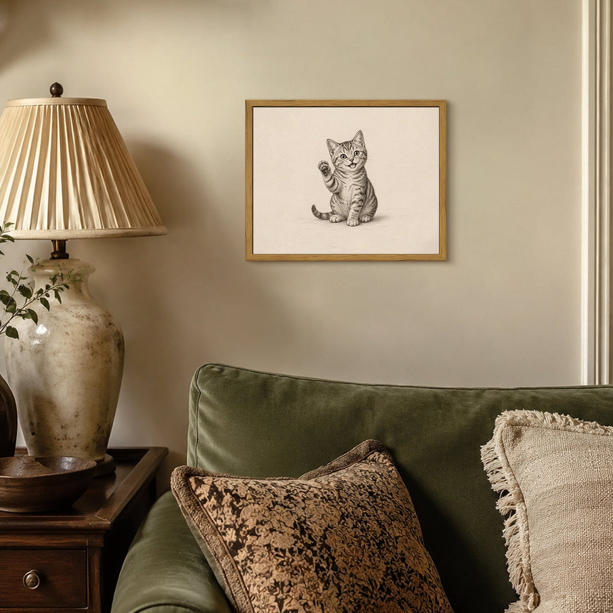 Drsoum Cute Waving Cat Sketch Animal Wall Art Decor 8x10