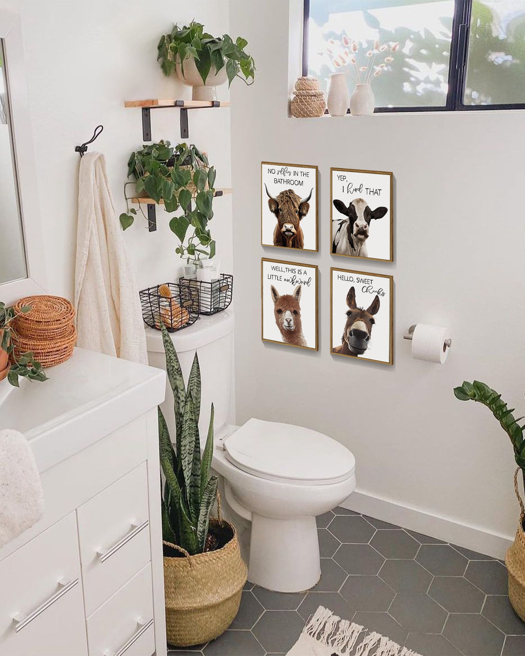 Funny Animal 8x10in Brown Framed Wall Art Prints Guest Toilet Room Decor Cute Bathroom Signs Rustic Canvas Painting Farmhouse Artwork
