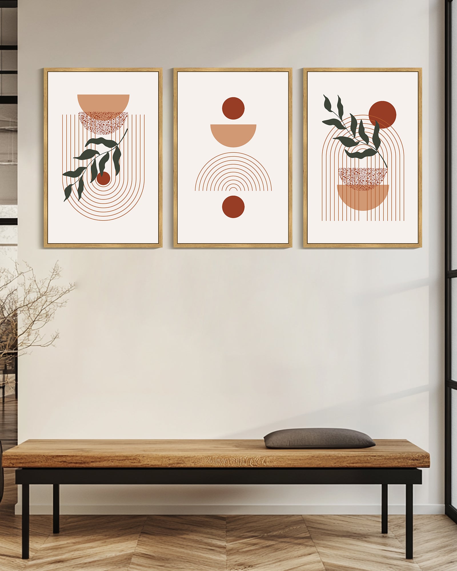 Drsoum Large 24x36in3pcs Natural Framed Boho Wall Decor Leaf Bohemia Decor Modern Abstract Geometry Painting for Kitchen Hallway