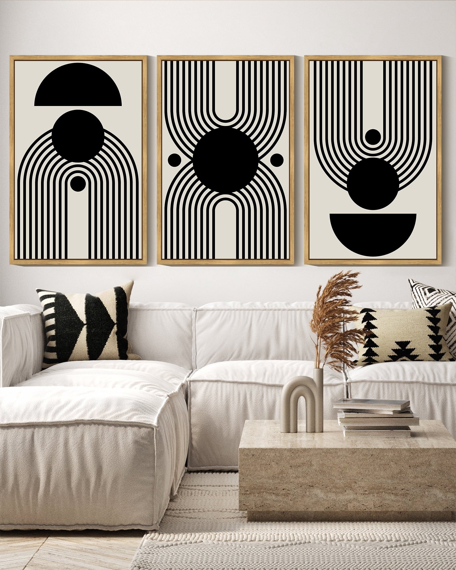 Drsoum Black and White Abstract Wall Art 16x24in3pcs Natural Framed Minimal Decor Duotone Dark Brush Stroke Prints Shapes Illustrations Modern Art Ready To Hang