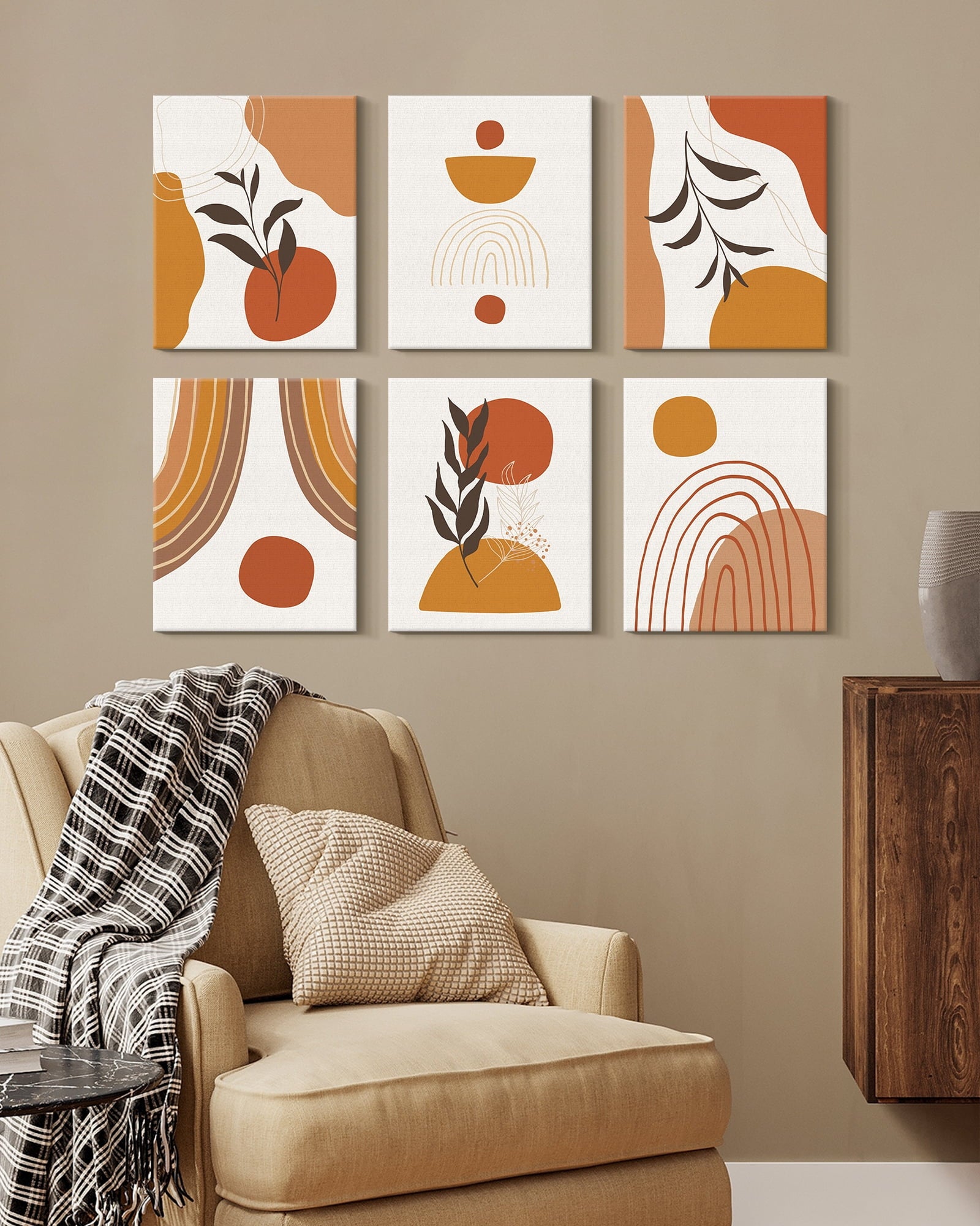 Drsoum Botanical Boho Wall Decor Modern Wall Art Minimalist Decor Geometry Wall Painting Ready to Hang 8x10in6pcs Natural Framed