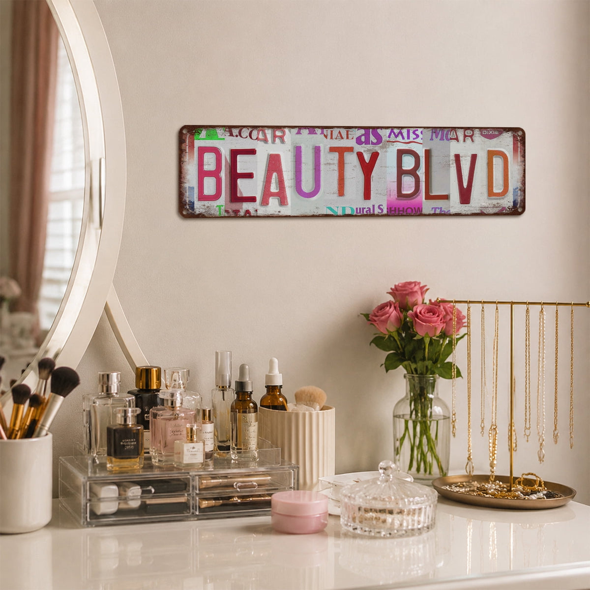 Drsoum Beauty Blvd Tin Sign Vintage Metal Retro License Plate Wall Decor for Salon