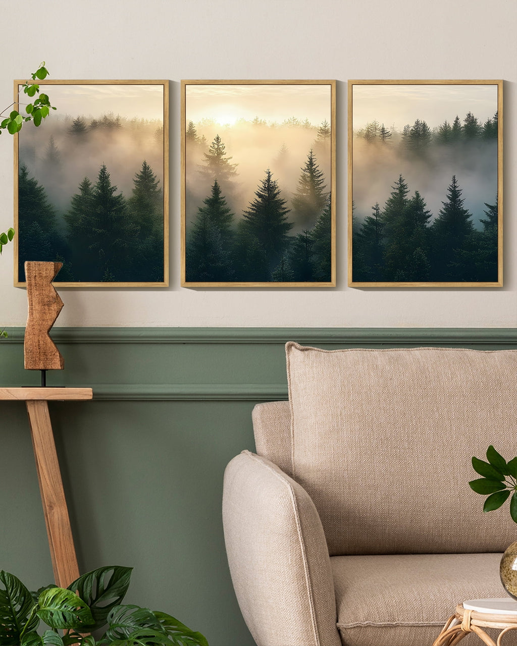Drsoum Fog Pine Green Tree Forest Art Nordic Modern Mountain Artwork Prints Decor 11x14in3pcs Natural Framed