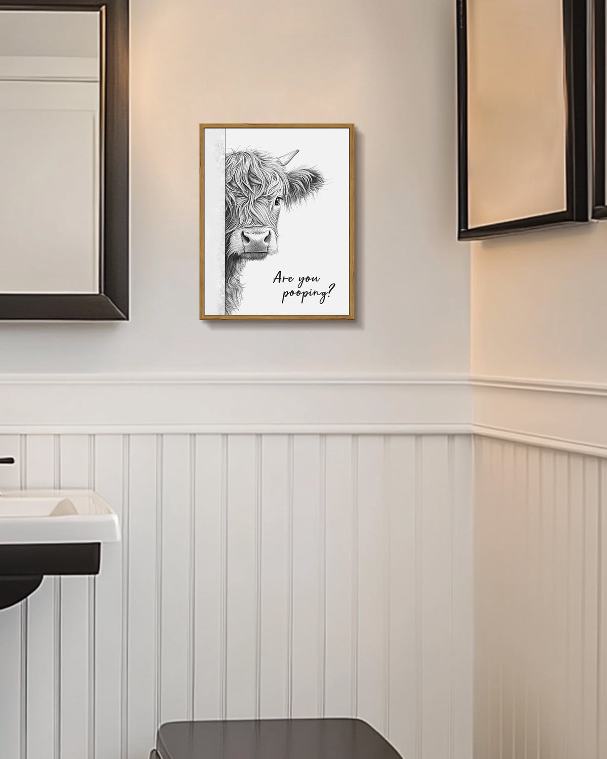 Drsoum Funny Highland Cow Bathroom Wall Art Rustic Farmhouse Wall Decor with Humorous Are You Pooping Canvas Print Cute Animal Canvas Art for Restroom 11x14in Brown Framed