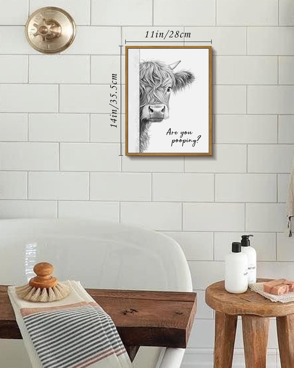 Drsoum Funny Highland Cow Bathroom Wall Art Rustic Farmhouse Wall Decor with Humorous Are You Pooping Canvas Print Cute Animal Canvas Art for Restroom 11x14in Brown Framed