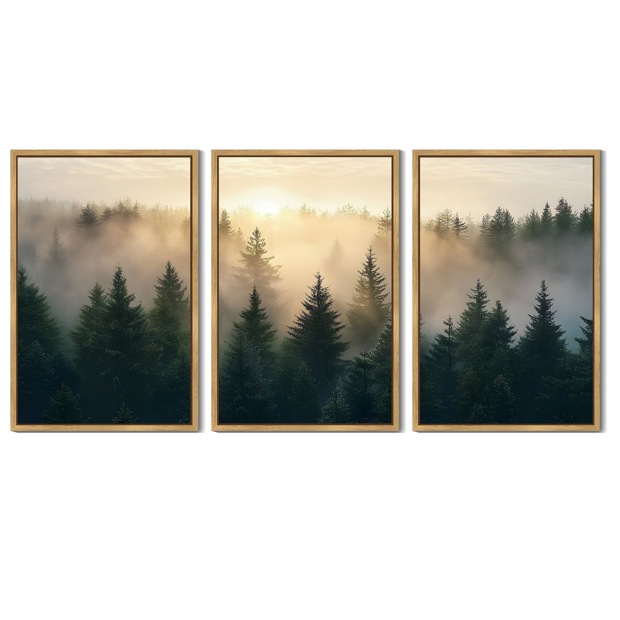 Drsoum Fog Pine Green Tree Forest Art 16x24in3pcs Natural Framed Nordic Modern Mountain Artwork Prints Decor