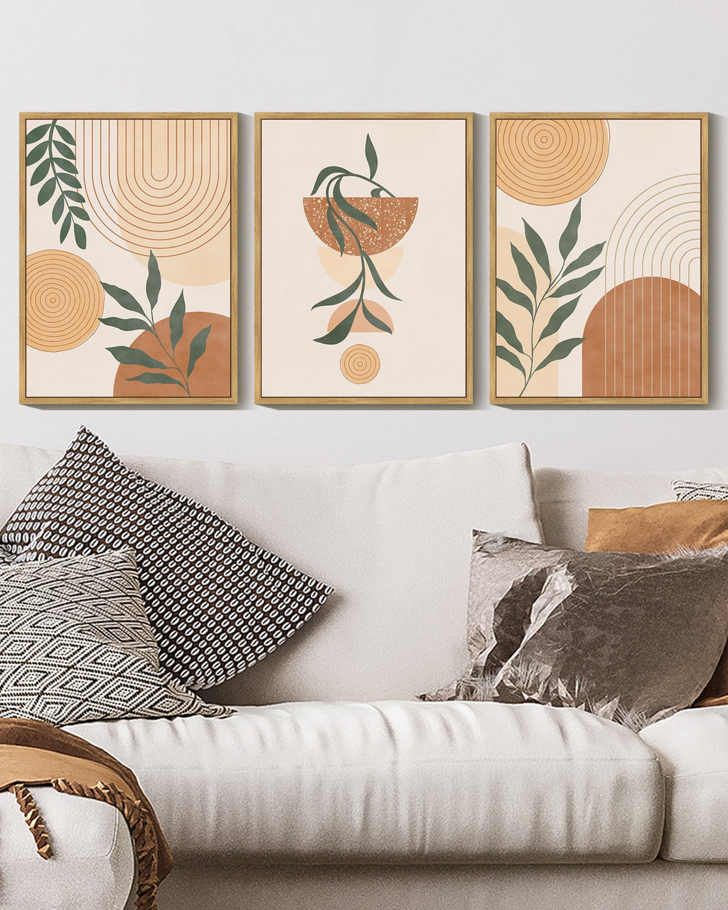 Drsoum Bohemia Wall Art Plant Boho Decor Room Mid Century Modern Abstract Sun Phases Painting 11x14in3pcs Natural Framed