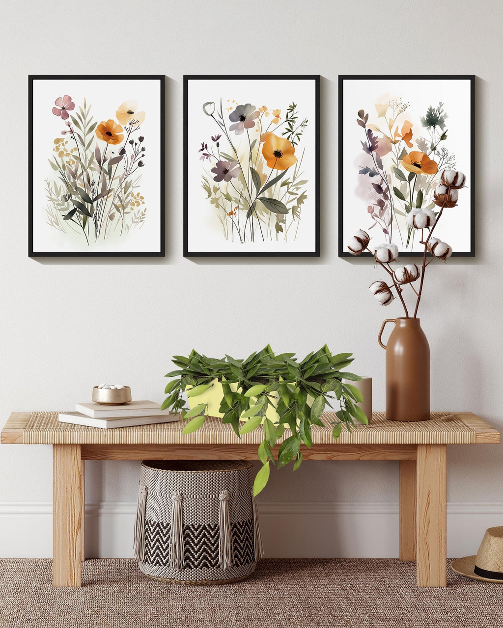 Drsoum Bohemian Flower Wall Decor for Bathroom Office Boho Leaf Artwork Ready to Hang 11x14in4pcs Black Framed