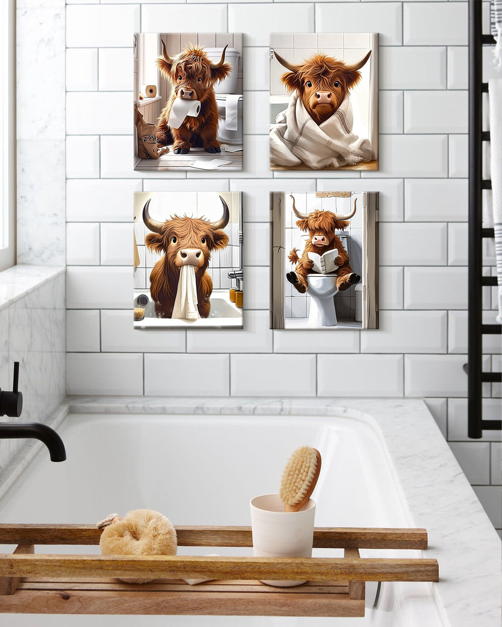 Drsoum Funny Highland Cow Bathroom Wall Art Rustic Cute Bathroom Canvas Prints for Bathroom Restroom Decor 8x10in4pcs Natural Framed