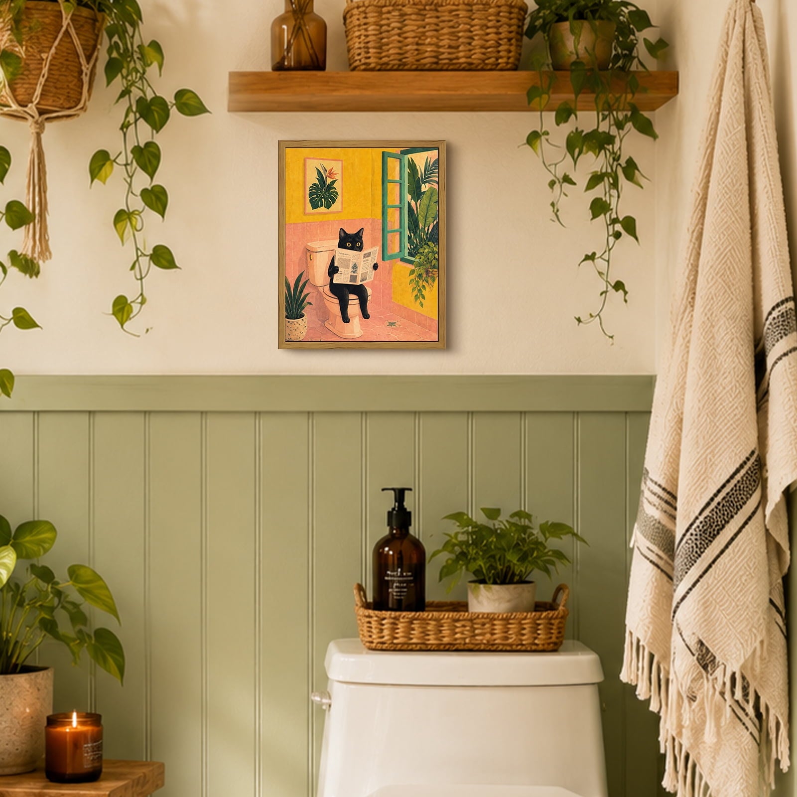 Drsoum Funny Black Cat Wall Art Retro Canvas Print for Bathroom Decor