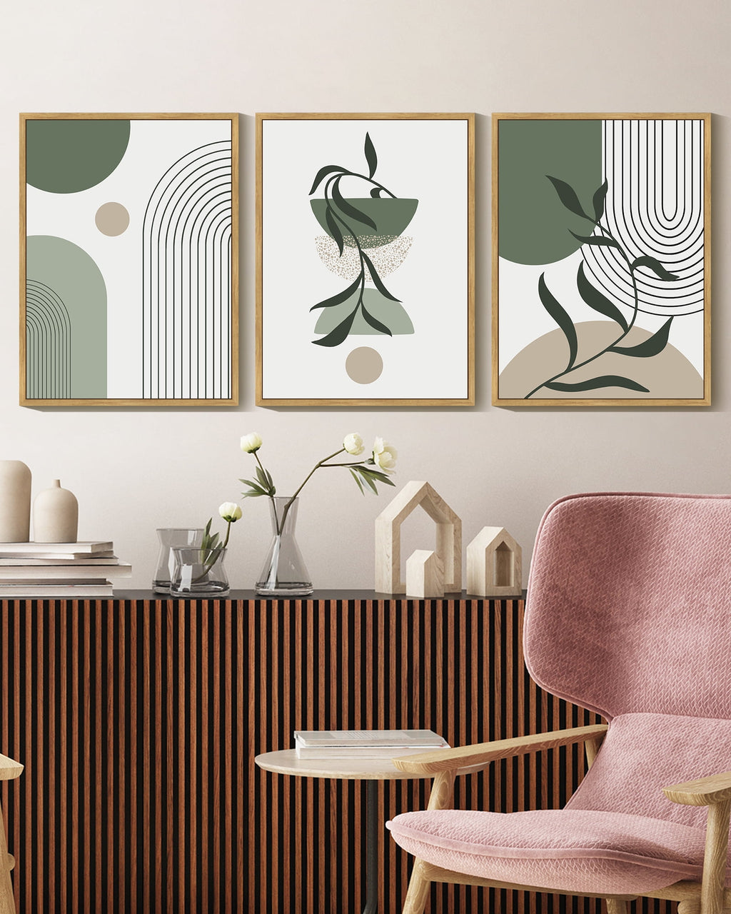 Drsoum Boho Wall Art Green Modern Bohemia Abstract Geometry Prints for Bedroom 11x14in3pcs Natural Framed