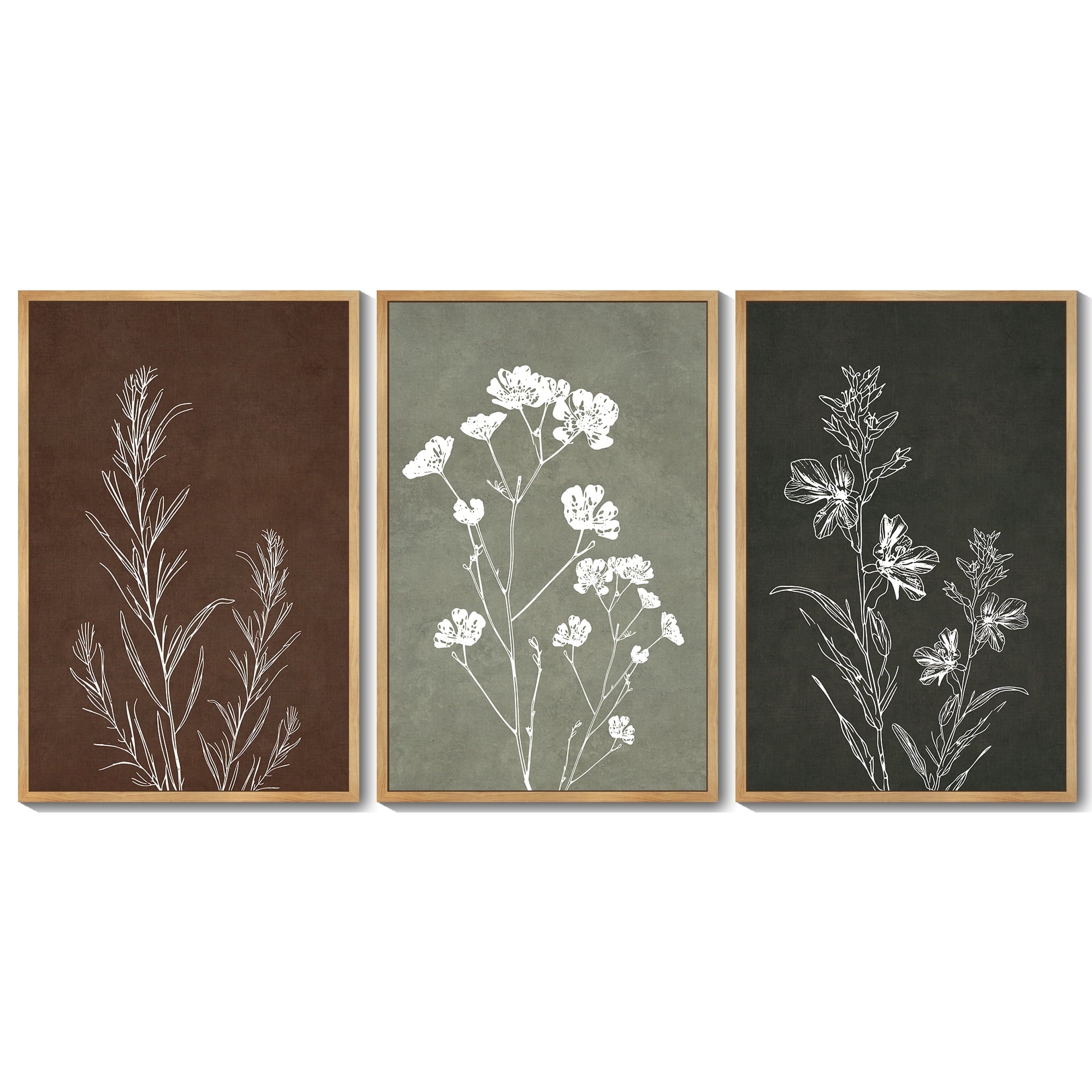 Drsoum Flower Wall Art 24x36in3pcs Large Natural Framed Vintage Floral Minimalist Wall Hanging Decor Farmhouse Living Room Bedroom Home Decor