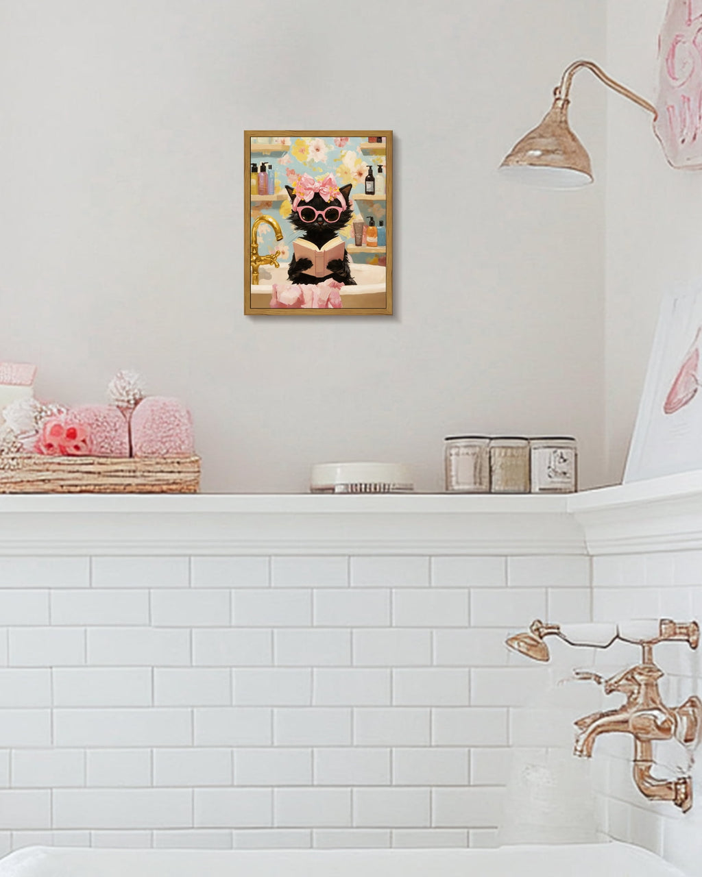 Drsoum Black Cat Canvas Wall Art Pink Fashion Bubble Bath Wall Decor Paintings Cute Animal Poster Prints Rustic Aesthetic Home Decor for Bathroom 8x10in Brown Framed