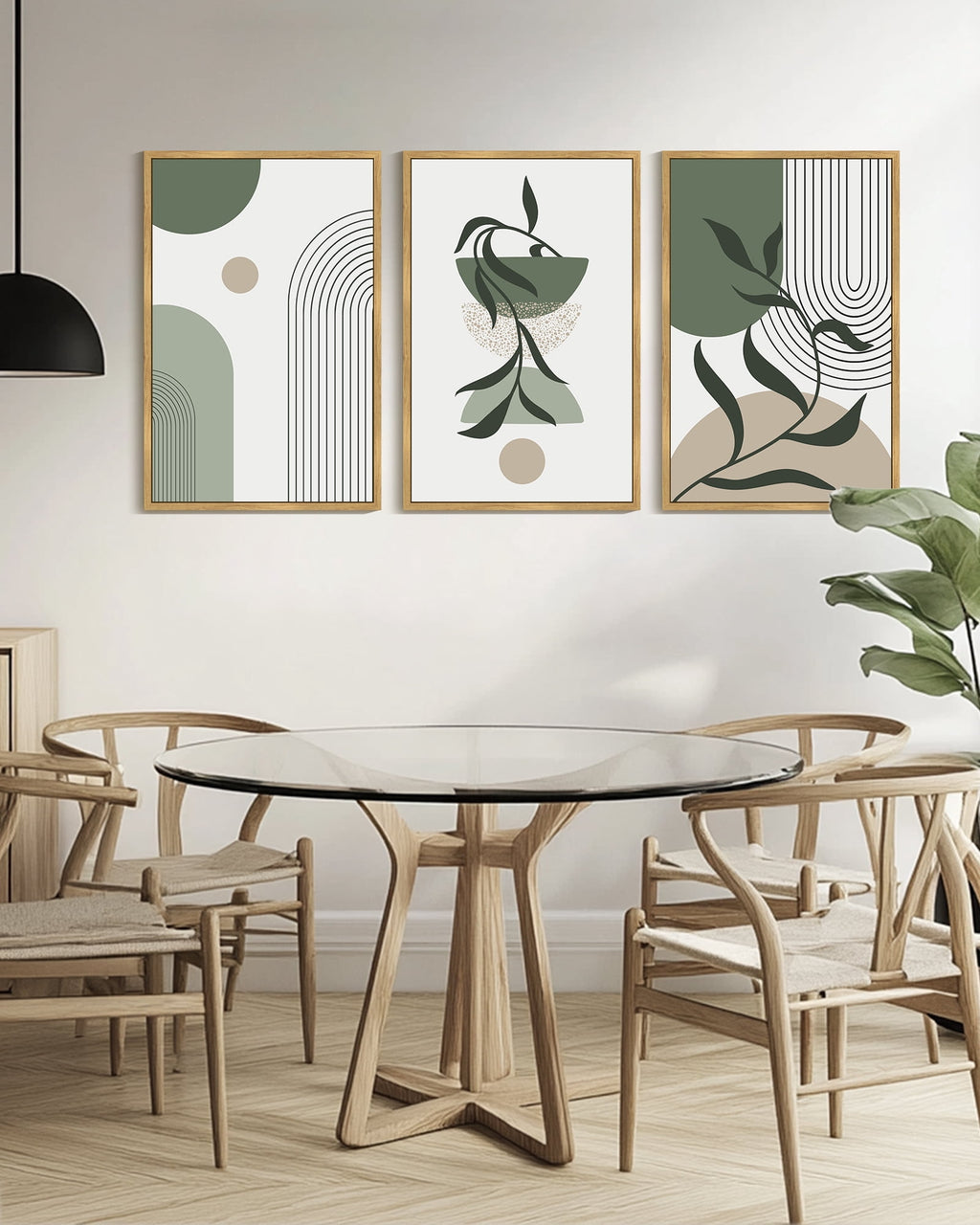 Drsoum Large 24x36in3pcs Natural Framed Boho Wall Art Green Modern Bohemia Wall Decor Abstract Geometry Prints for Bedroom