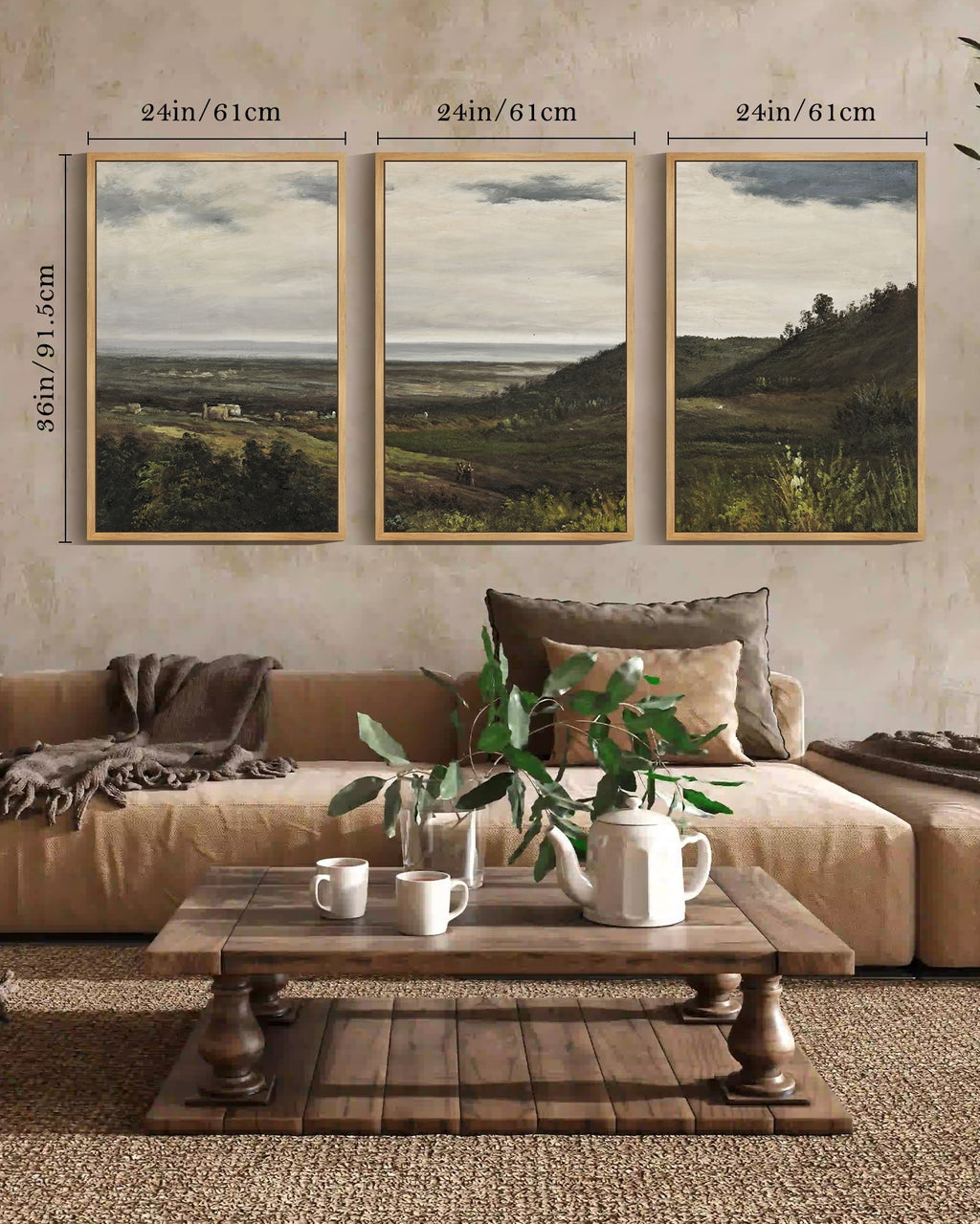 Drsoum Vintage 24x36in3pcs Brown Framed Landscape Wall Art Wilderness Mountain Retro Classic Farmhouse Paints Rustic24