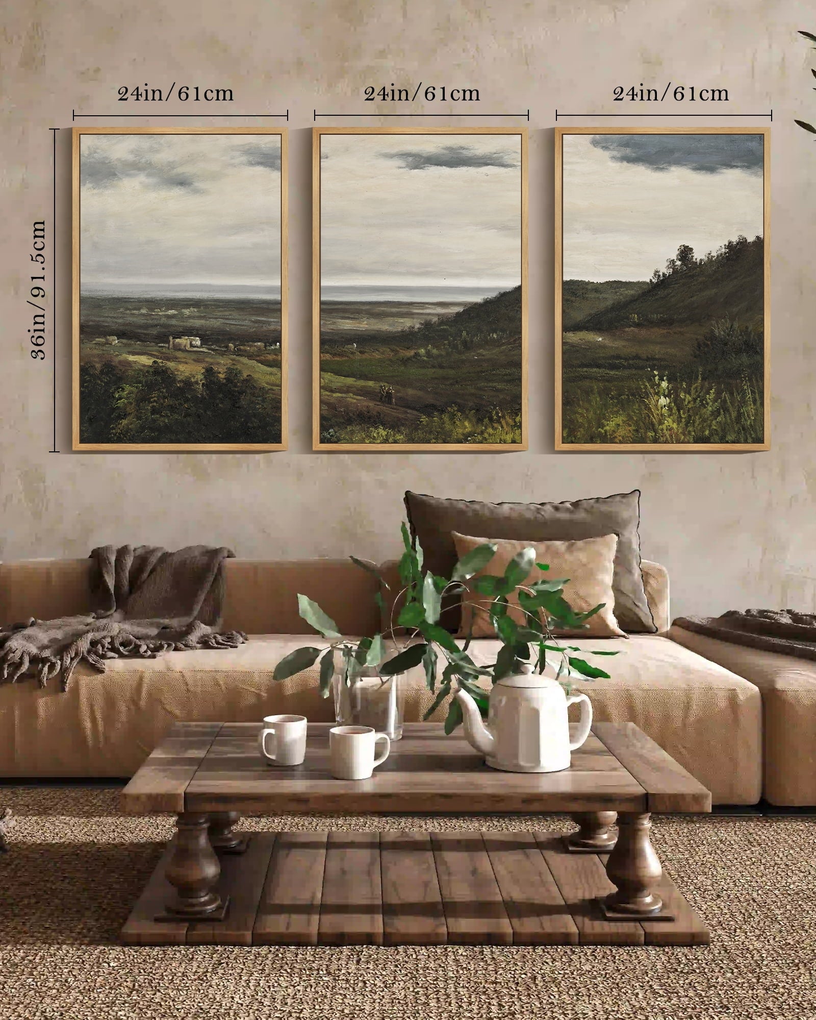 Drsoum Vintage 24x36in3pcs Brown Framed Landscape Wall Art Wilderness Mountain Retro Classic Farmhouse Paints Rustic24