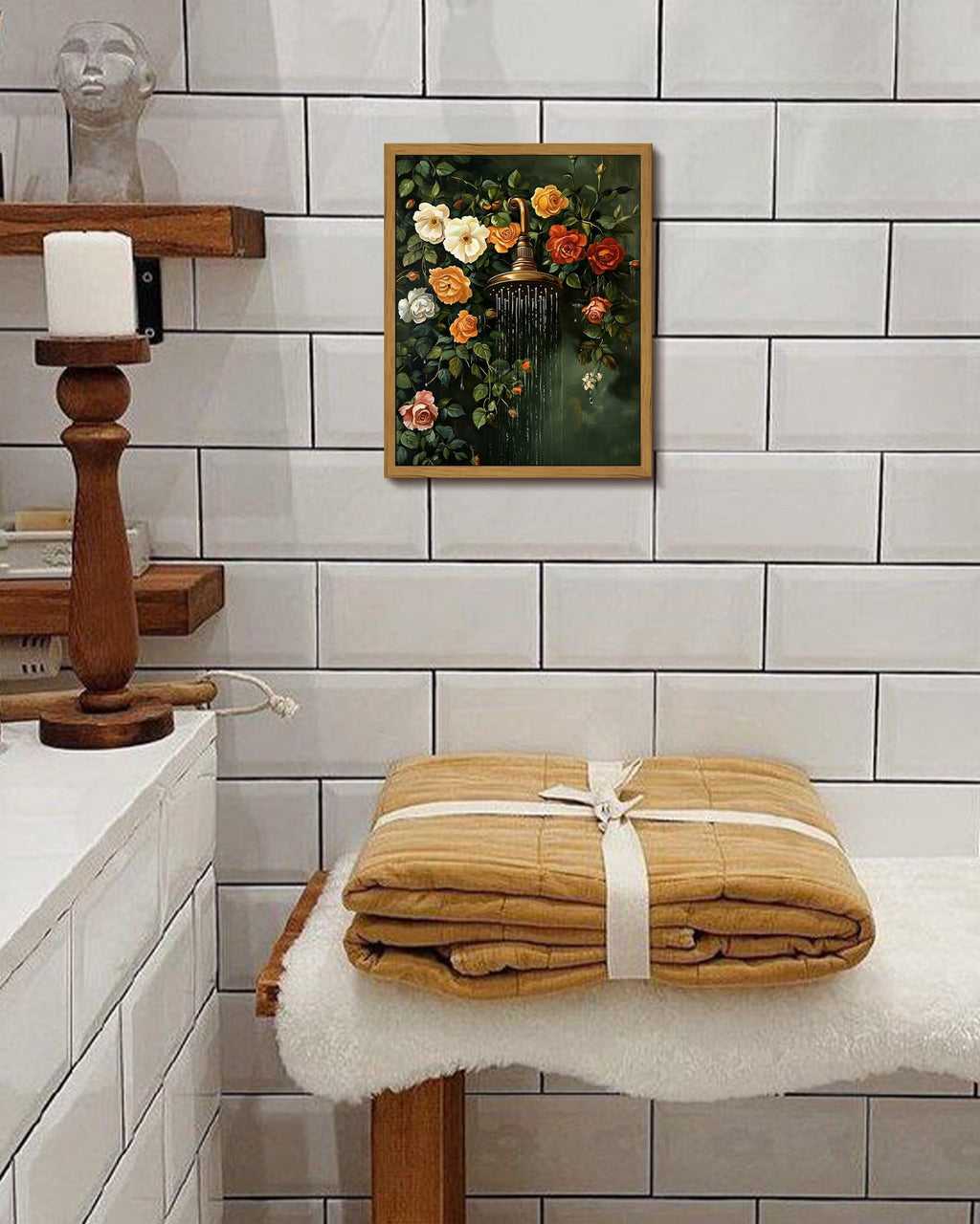 Drsoum Floating Floral Shower Wall Art Vintage Botanical Flower Canvas Print Romantic Garden Roses and Waterfall Painting Nature Inspired Bathroom Living Room 8x10in Brown Framed