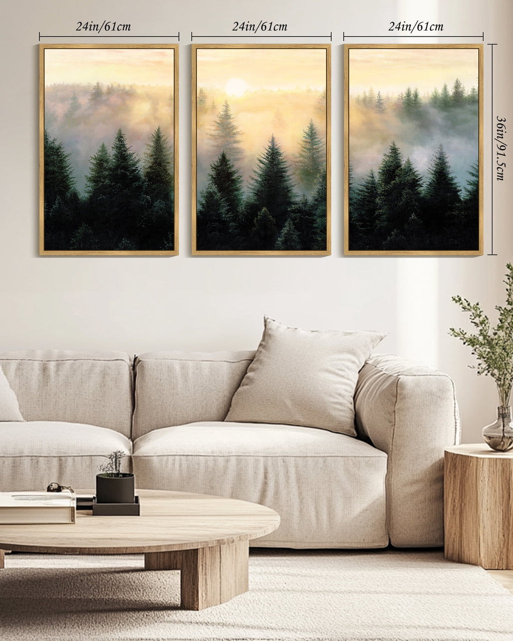 Drsoum Large 24x36in3pcs Natural Framed Fog Pine Green Tree Forest Art Nordic Modern Mountain work Prints Decor